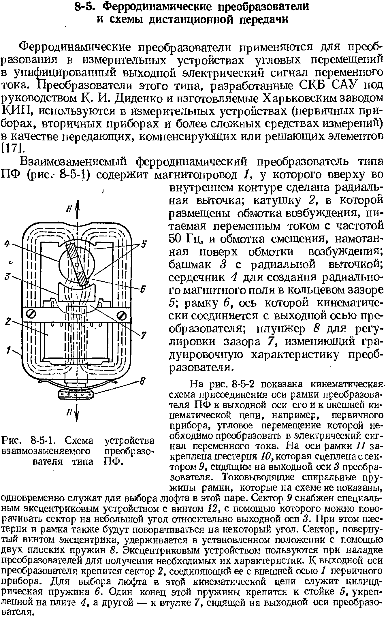 Ферродинамические преобразователи применяются для преобразования в измерительных устройствах угловых перемещений в унифицированный выходной электрический сигнал переменного тока. Преобразователи этого типа, разработанные СКВ САУ под руководством К. И. Диденко и изготовляемые Харьковским заводом КИП, используются в измерительных устройствах (первичных приборах, вторичных приборах и более сложных средствах измерений) в качестве передающих, компенсирующих или решающих элементов [17].
