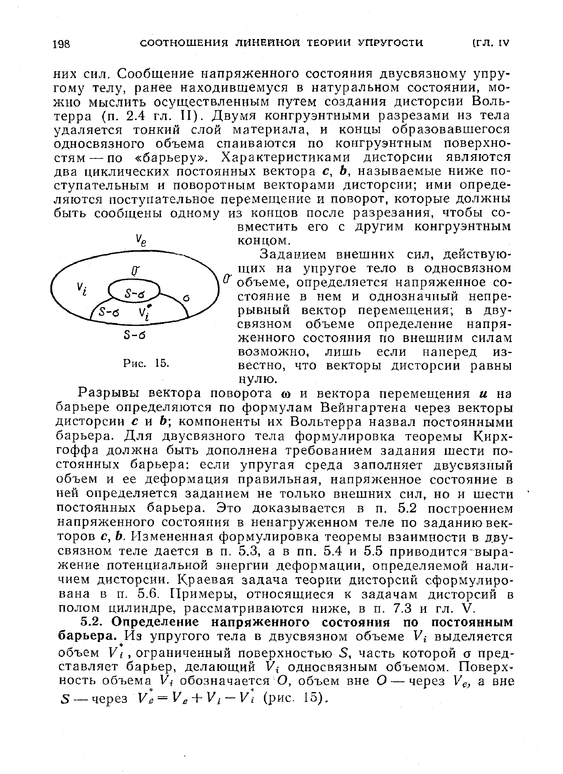 Разрывы вектора поворота о и вектора перемещения и на барьере определяются по формулам Вейнгартена через векторы дисторсии с и 6 компоненты их Вольтерра назвал постоянными барьера. Для двусвязного тела формулировка теоремы Кирх-гоффа должна быть дополнена требованием задания шести постоянных барьера если упругая среда заполняет двусвязный объем и ее деформация правильная, напряженное состояние в ней определяется заданием не только внешних сил, но и шести постоянных барьера. Это доказывается в п. 5.2 построением напряженного состояния в ненагруженном теле по заданию векторов с, Ь. Измененная формулировка теоремы взаимности в двусвязном теле дается в п. 5.3, а в пп. 5.4 и 5.5 приводится выра-жение потенциальной энергии деформации, определяемой наличием дисторсии. Краевая задача теории дисторсии сформулирована в п. 5.6. Примеры, относящиеся к задачам дисторсий в полом цилиндре, рассматриваются ниже, в п. 7.3 и гл. V.
