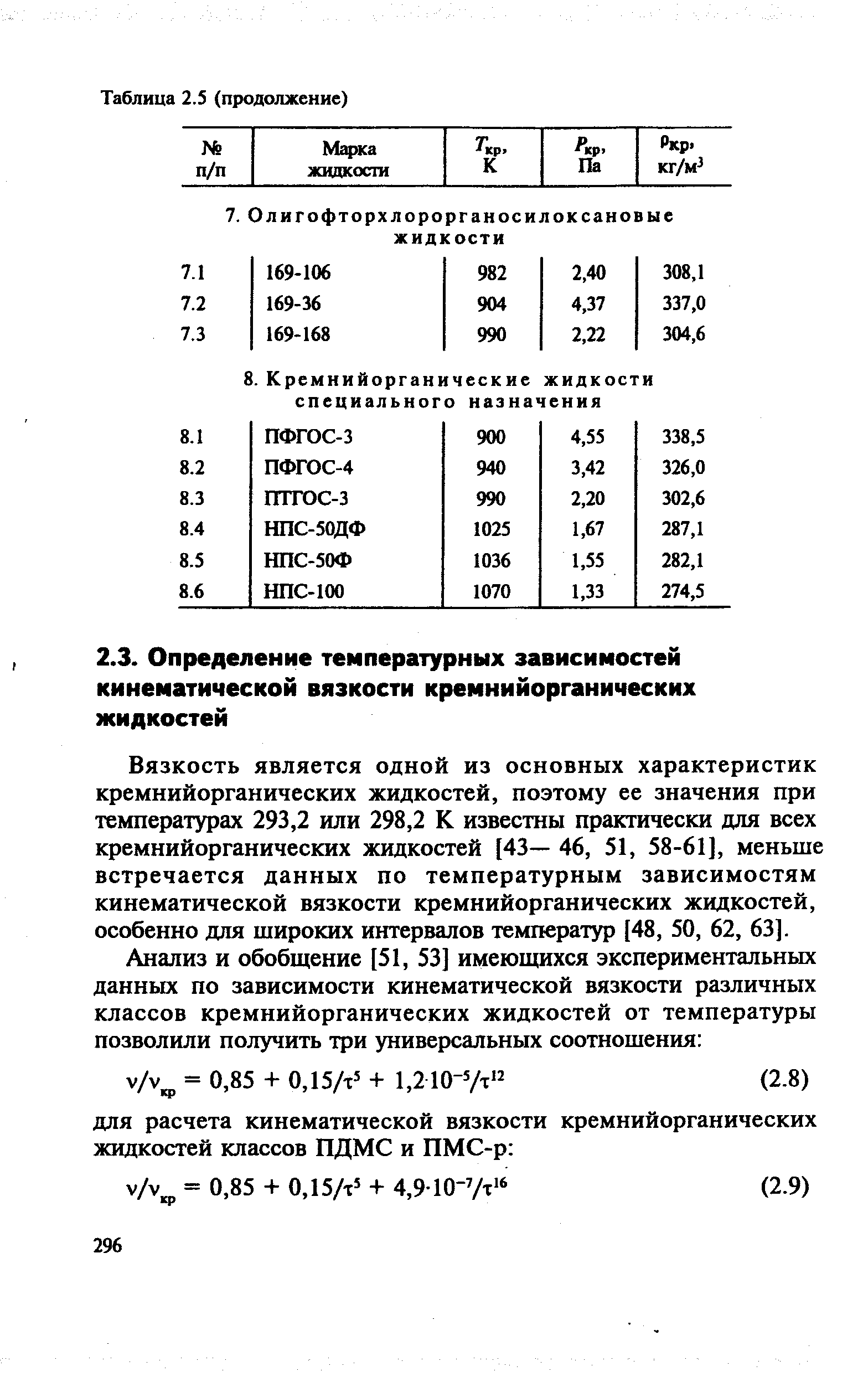 Вязкость является одной из основных характеристик кремнийорганических жидкостей, поэтому ее значения при температурах 293,2 или 298,2 К известны практически для всех кремнийорганических жидкостей [43— 46, 51, 58-61], меньше встречается данных по температурным зависимостям кинематической вязкости кремнийорганических жидкостей, особенно для широких интервалов температур [48, 50, 62, 63].
