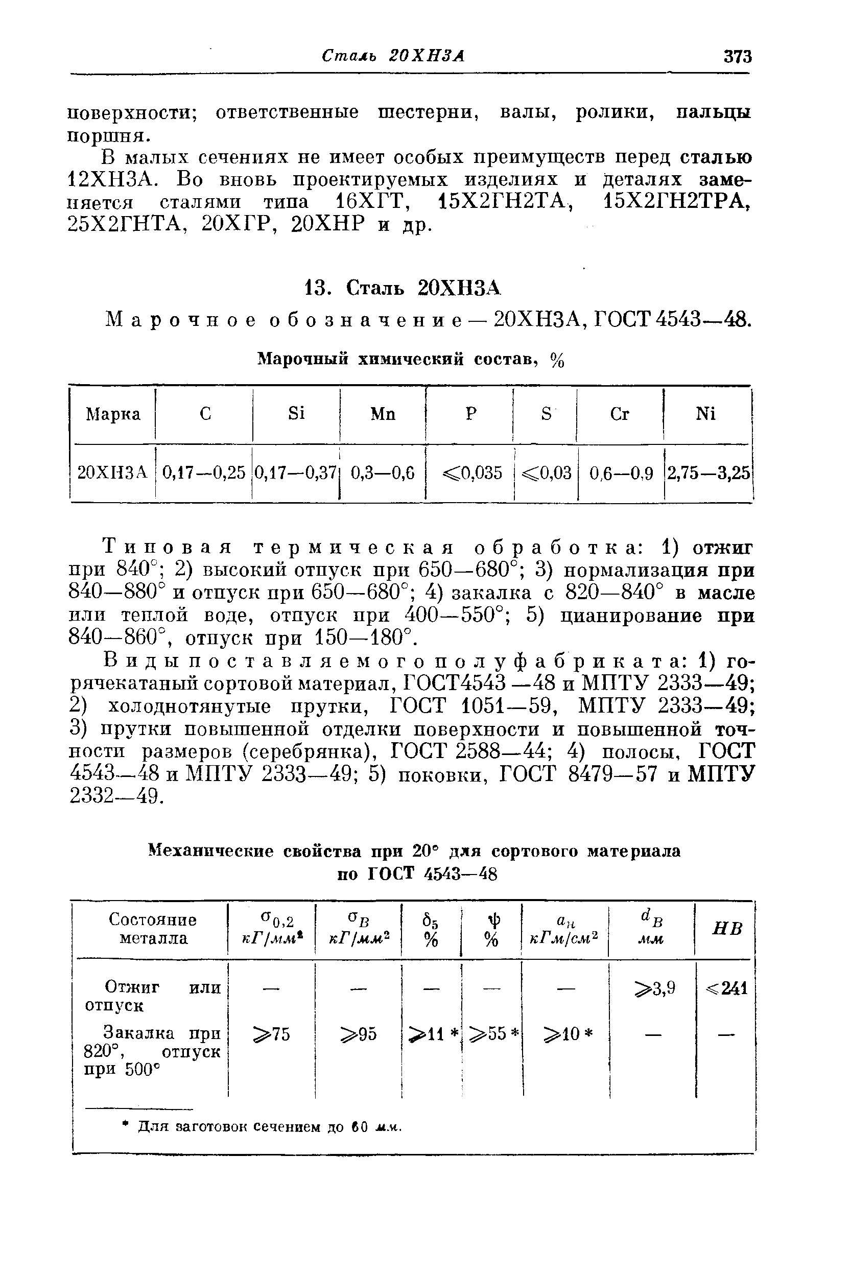 Типовая термическая обработка 1) отжиг при 840° 2) высокий отпуск при 650—680° 3) нормализация при 840—880° и отпуск при 650—680° 4) закалка с 820—840° в масле или теплой воде, отпуск при 400—550° 5) цианирование при 840—860°, отпуск при 150—180°.
