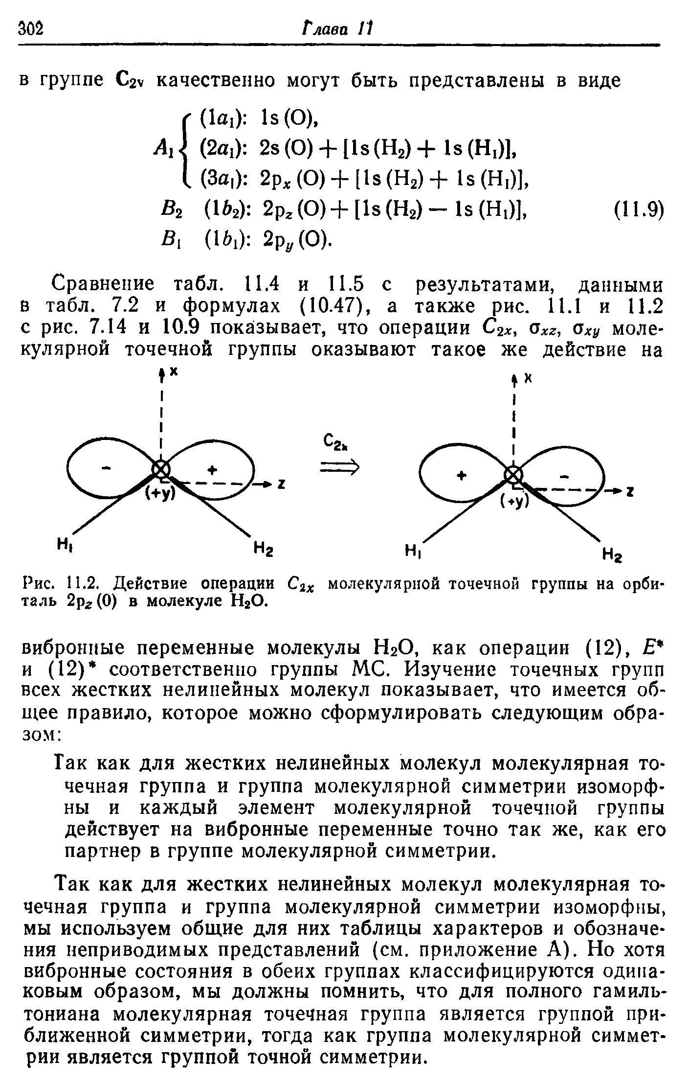 Рис. 11.2. Действие операции ix молекулярной точечной группы на орбиталь 2рг(0) в молекуле НгО.
