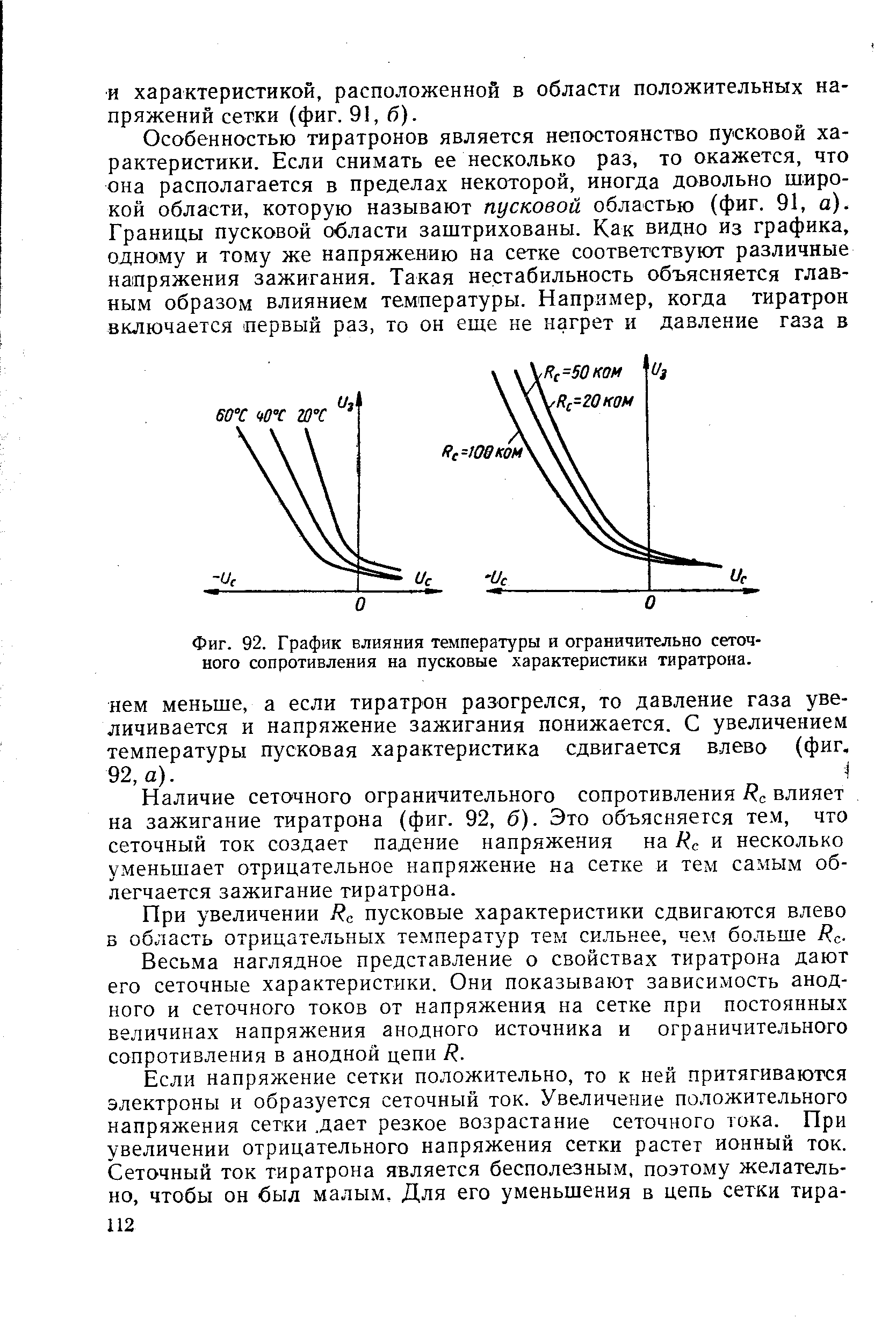 Фиг. 92. График <a href="/info/222925">влияния температуры</a> и ограничительно сеточного сопротивления на <a href="/info/122366">пусковые характеристики</a> тиратрона.
