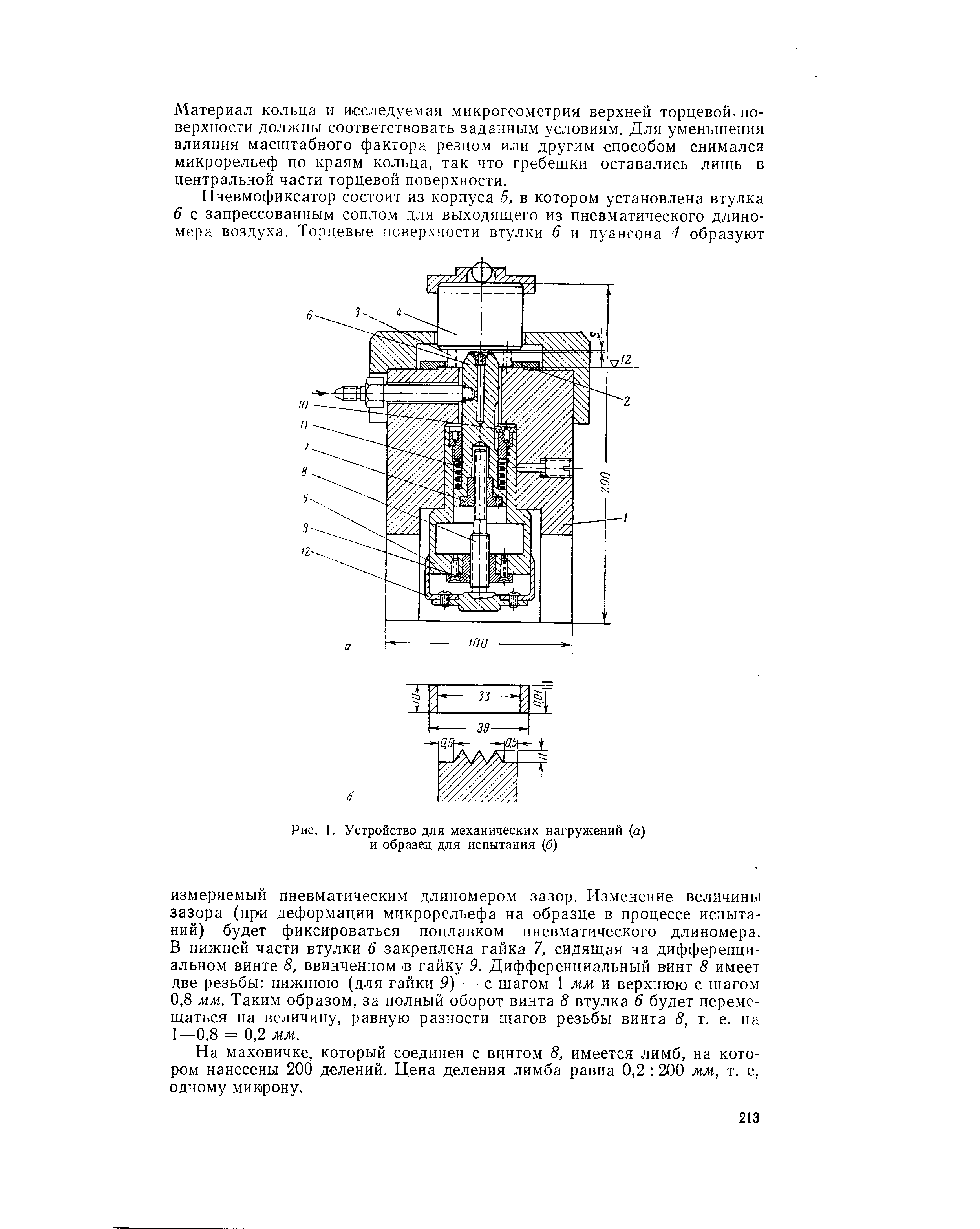 Рис. 1. Устройство для механических нагружений (а) и образец для испытания (б)
