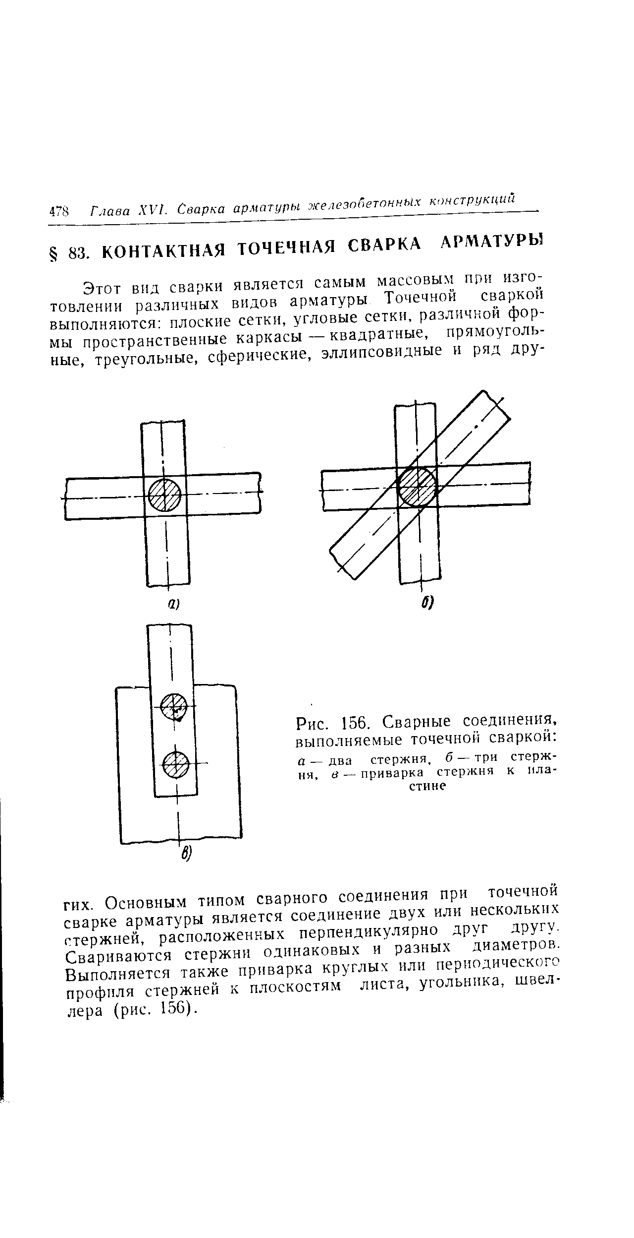 Рис. 156. <a href="/info/2408">Сварные соединения</a>, выполняемые <a href="/info/7374">точечной сваркой</a> а — два стержня, б — три стержня, в — приварка стержня к пластине
