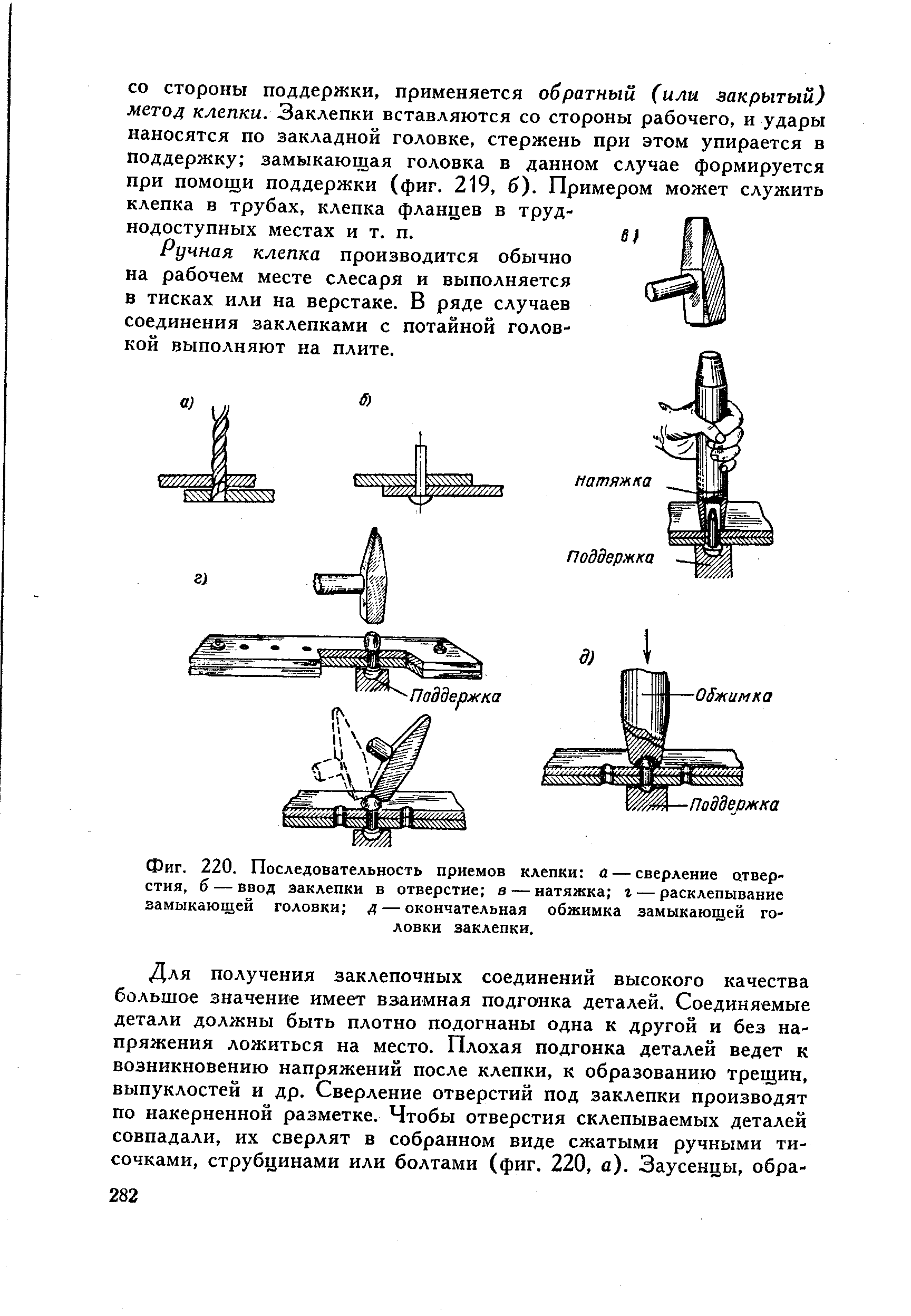 Фиг. 220. Последовательность приемов клепки а — <a href="/info/92595">сверление отверстия</a>, б — ввод заклепки в отверстие в — натяжка г — расклепывание замыкающей головки д — окончательная обжимка замыкающей головки заклепки.
