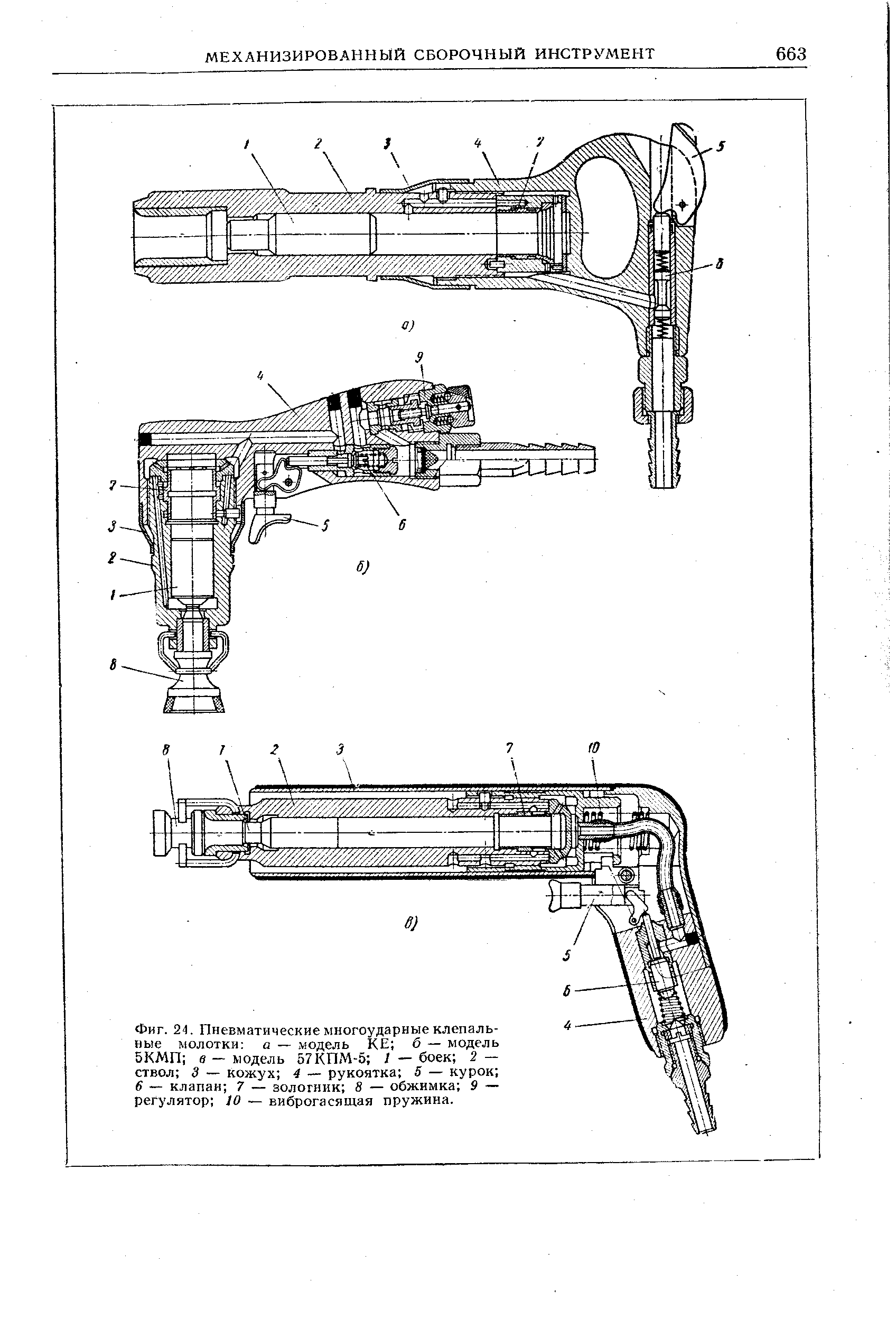 Фиг. 24. Пневматические многоударные клепальные молотки а — модель КЕ б — модель 5КМП в — модель 57КПМ-5 I — боек 2 — ствол 3 — кожух 4 — рукоятка 5 — курок б — клапан 7 — зологник 3 — обжимка 9 — регулятор 10 — виброгасящая пружина.
