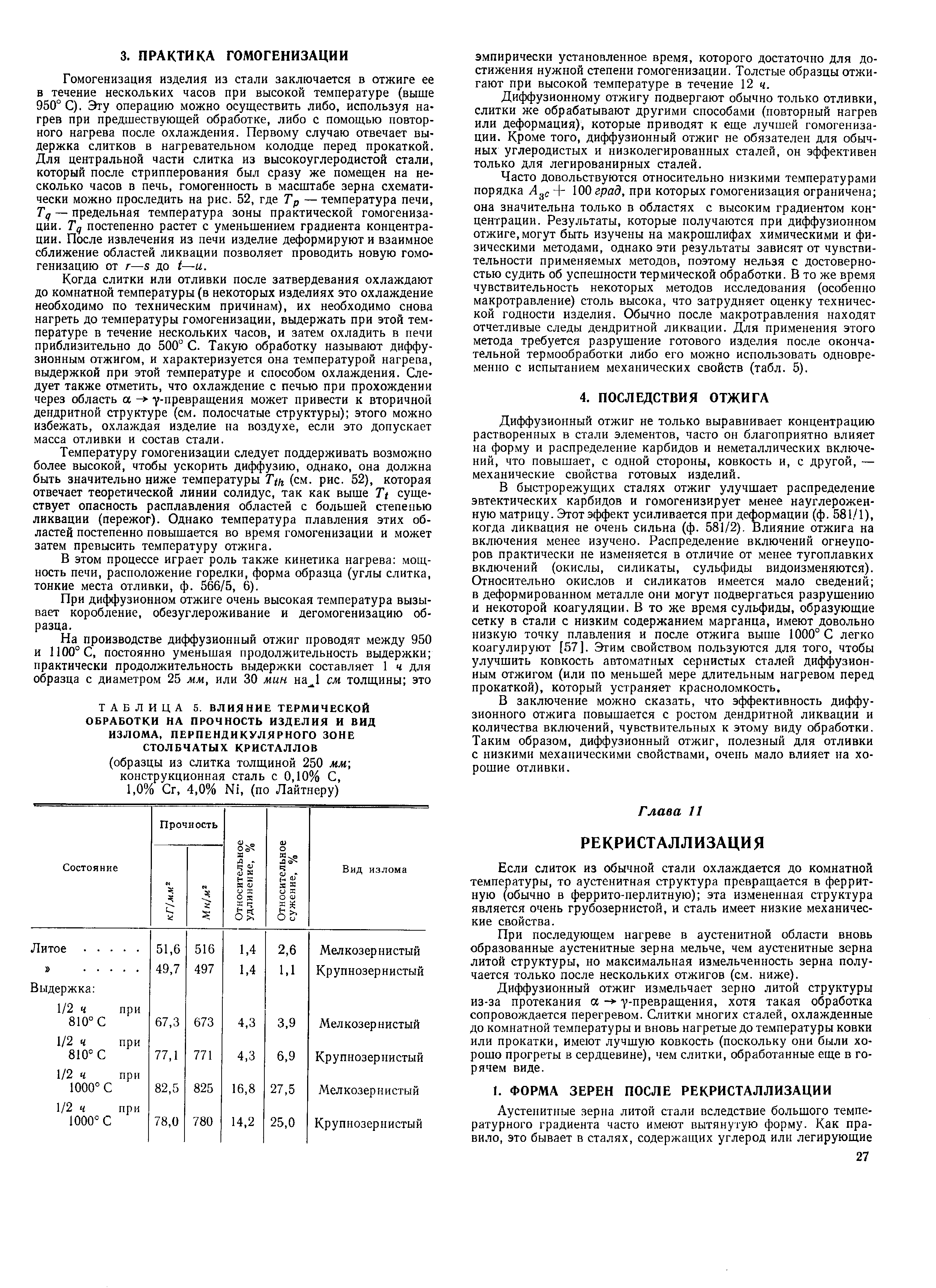 Когда слитки или отливки после затвердевания охлаждают до комнатной температуры (в некоторых изделиях это охлаждение необходимо по техническим причинам), их необходимо снова нагреть до температуры гомогенизации, выдержать при этой температуре в течение нескольких часов, и затем охладить в печи приблизительно до 500° С. Такую обработку называют диффузионным отжигом, и характеризуется она температурой нагрева, выдержкой при этой температуре и способом охлаждения. Следует также отметить, что охлаждение с печью при прохождении через область а - у-превращения может привести к вторичной дендритной структуре (см. полосчатые структуры) этого можно избежать, охлаждая изделие на воздухе, если это допускает масса отливки и состав стали.
