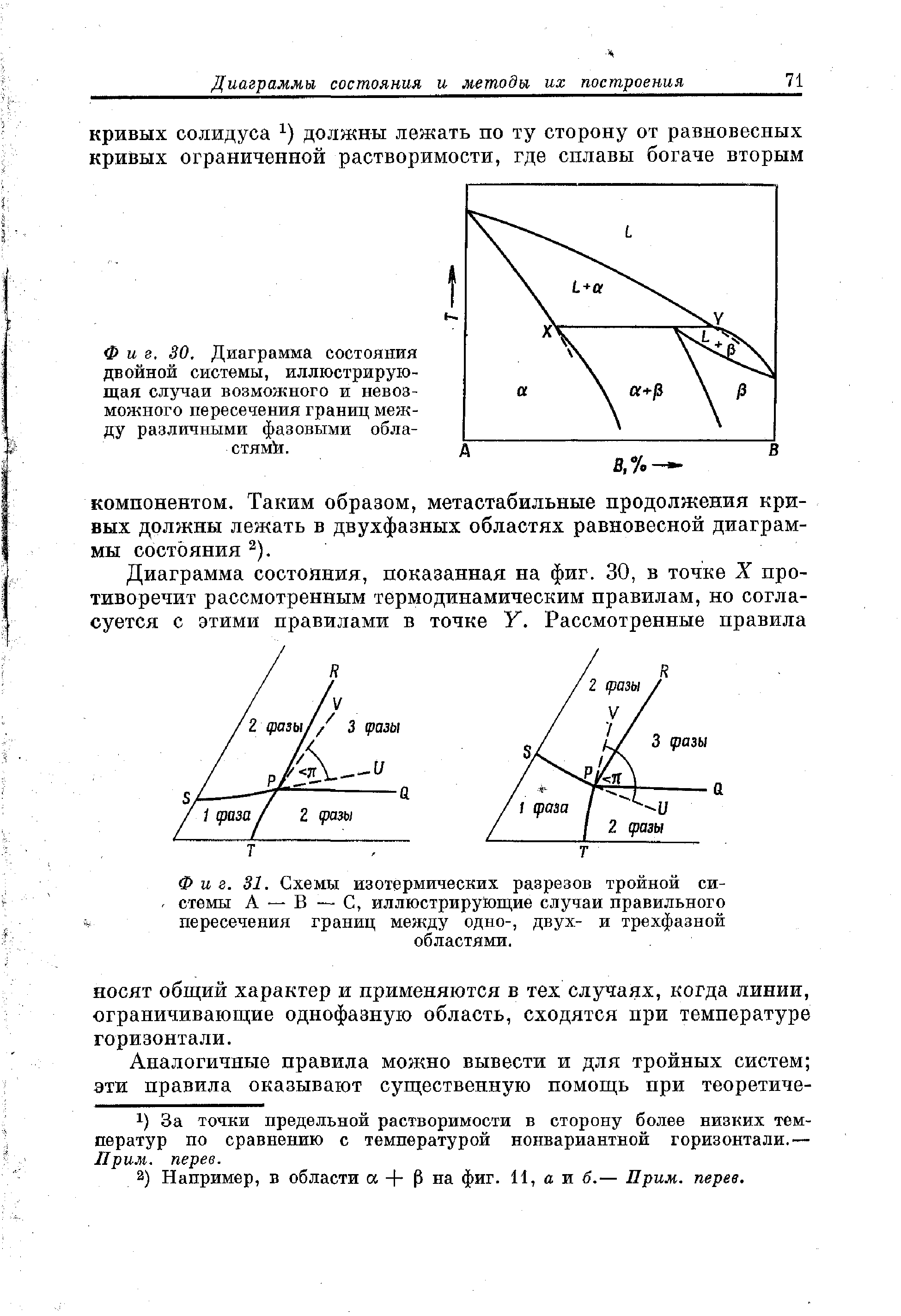 Фиг. 31. Схемы изотермических разрезов тройной системы А В — С, иллюстрирующие случаи правильного пересечения границ между одно-, двух- и трехфазной
