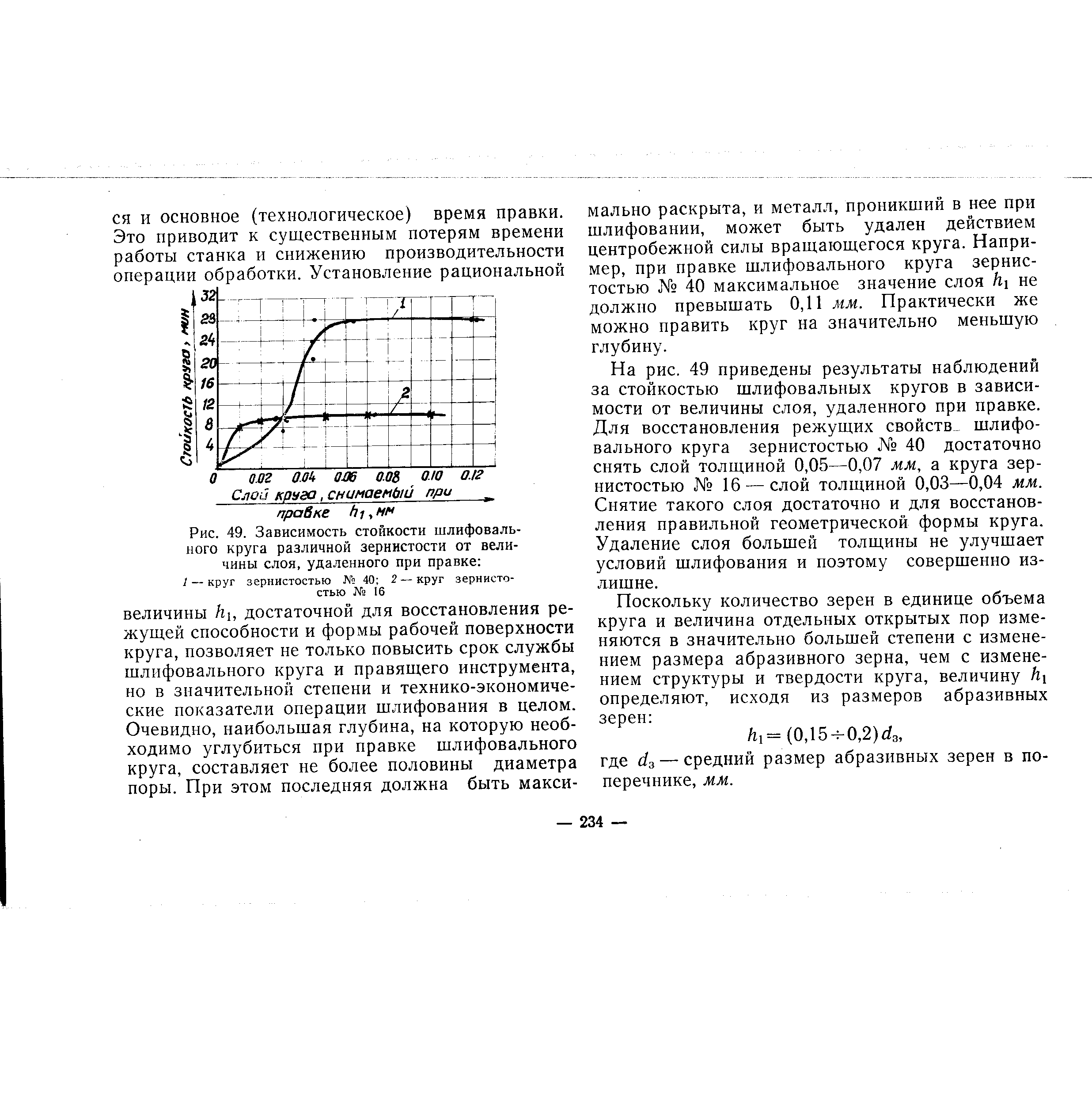 Рис. 49. <a href="/info/435309">Зависимость стойкости</a> <a href="/info/62032">шлифовального круга</a> различной зернистости от величины слоя, удаленного при правке 
