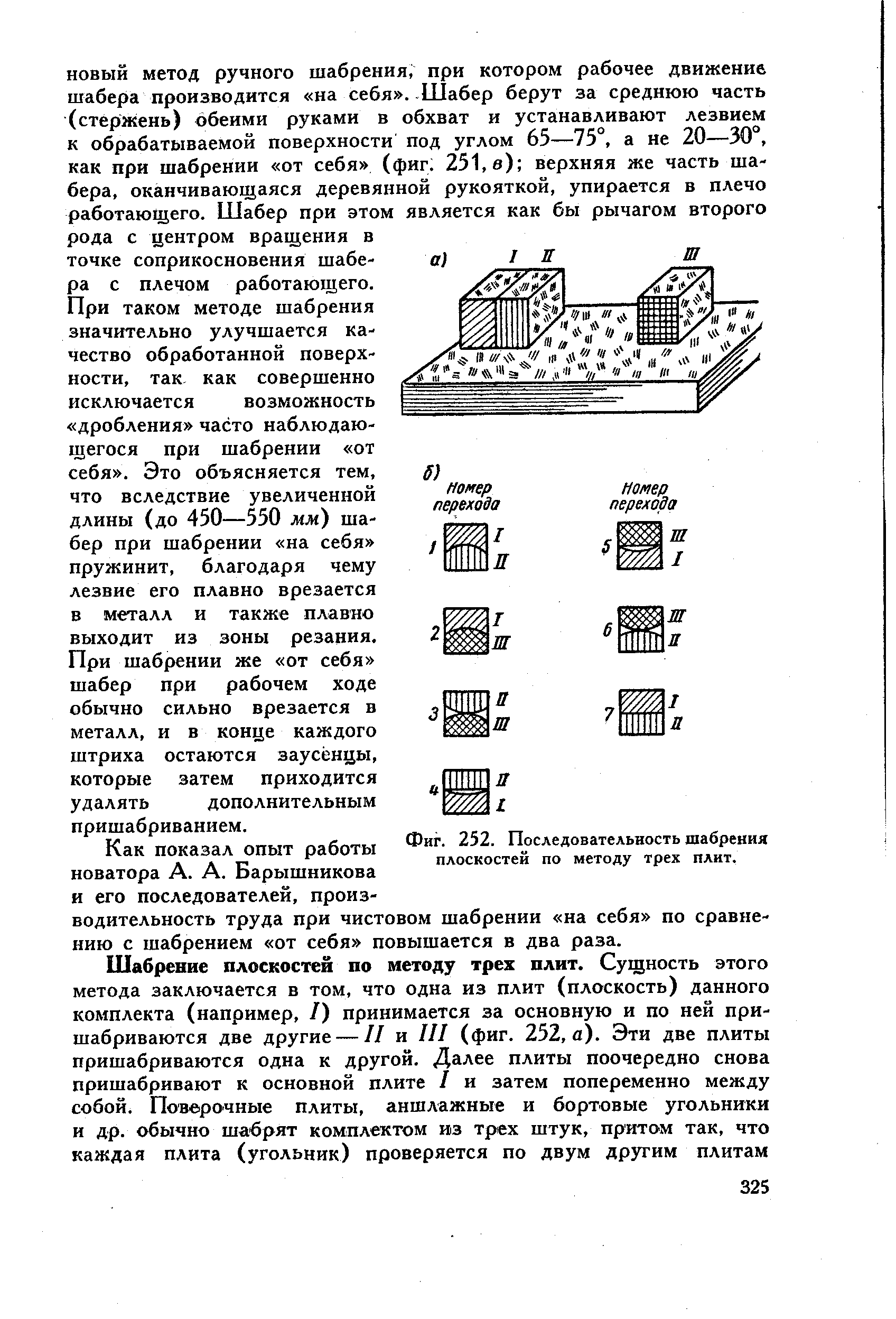 Фиг. 252. Последовательность шабрения плоскостей по методу трех плит.
