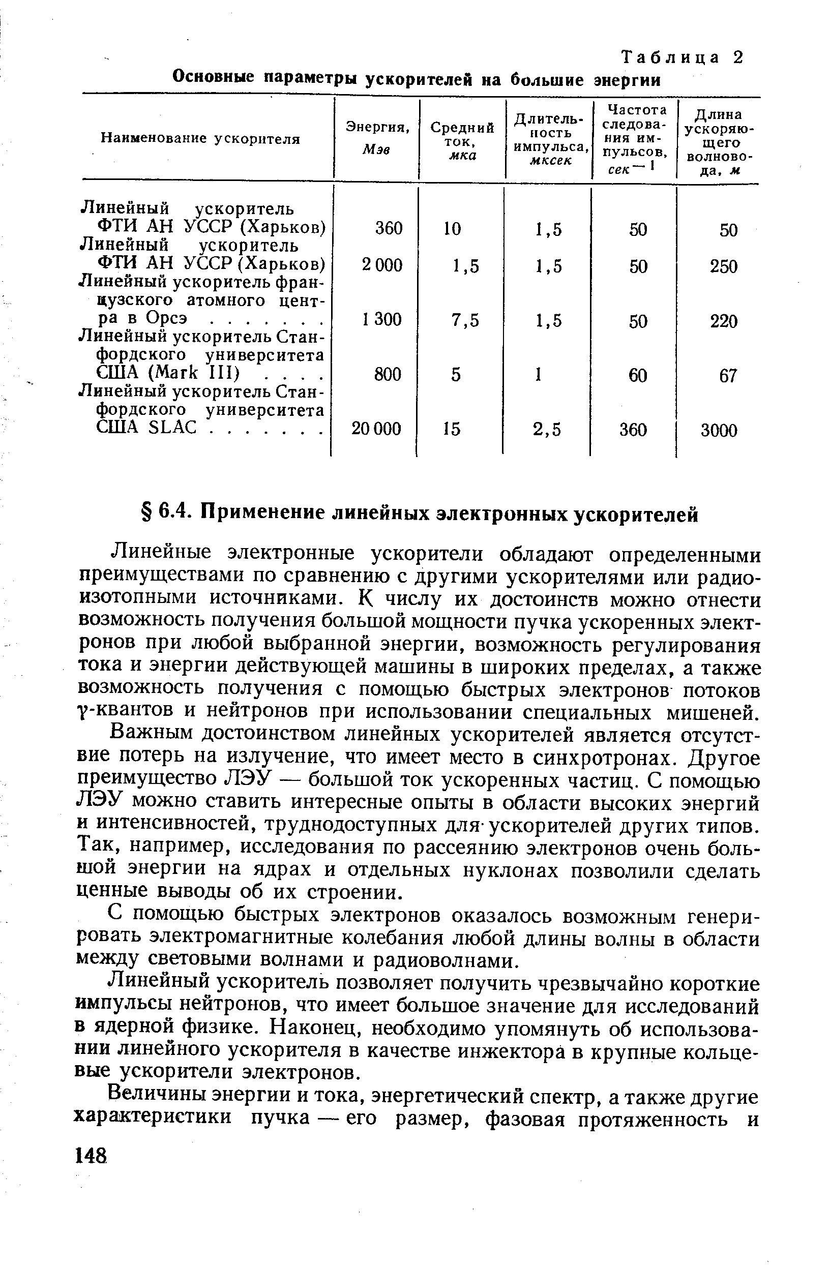 Линейные электронные ускорители обладают определенными преимуществами по сравнению с другими ускорителями или радио-изотопными источниками. К числу их достоинств можно отнести возможность получения большой мощности пучка ускоренных электронов при любой выбранной энергии, возможность регулирования тока и энергии действующей машины в широких пределах, а также возможность получения с помощью быстрых электронов потоков 7-квантов и нейтронов при использовании специальных мишеней.
