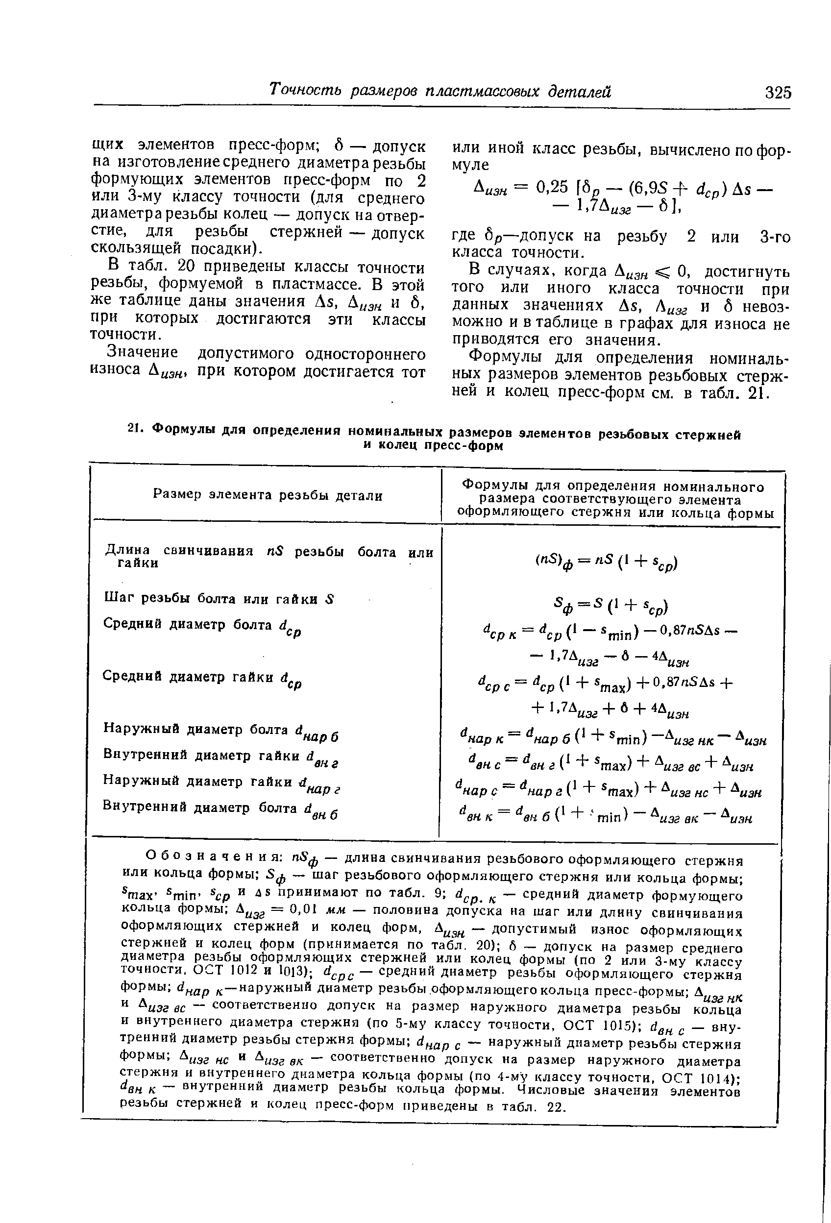 В табл. 20 приведены классы точности резьбы, формуемой в пластмассе. В этой же таблице даны значения As, Дцэ и б, при которых достигаются эти классы точности.
