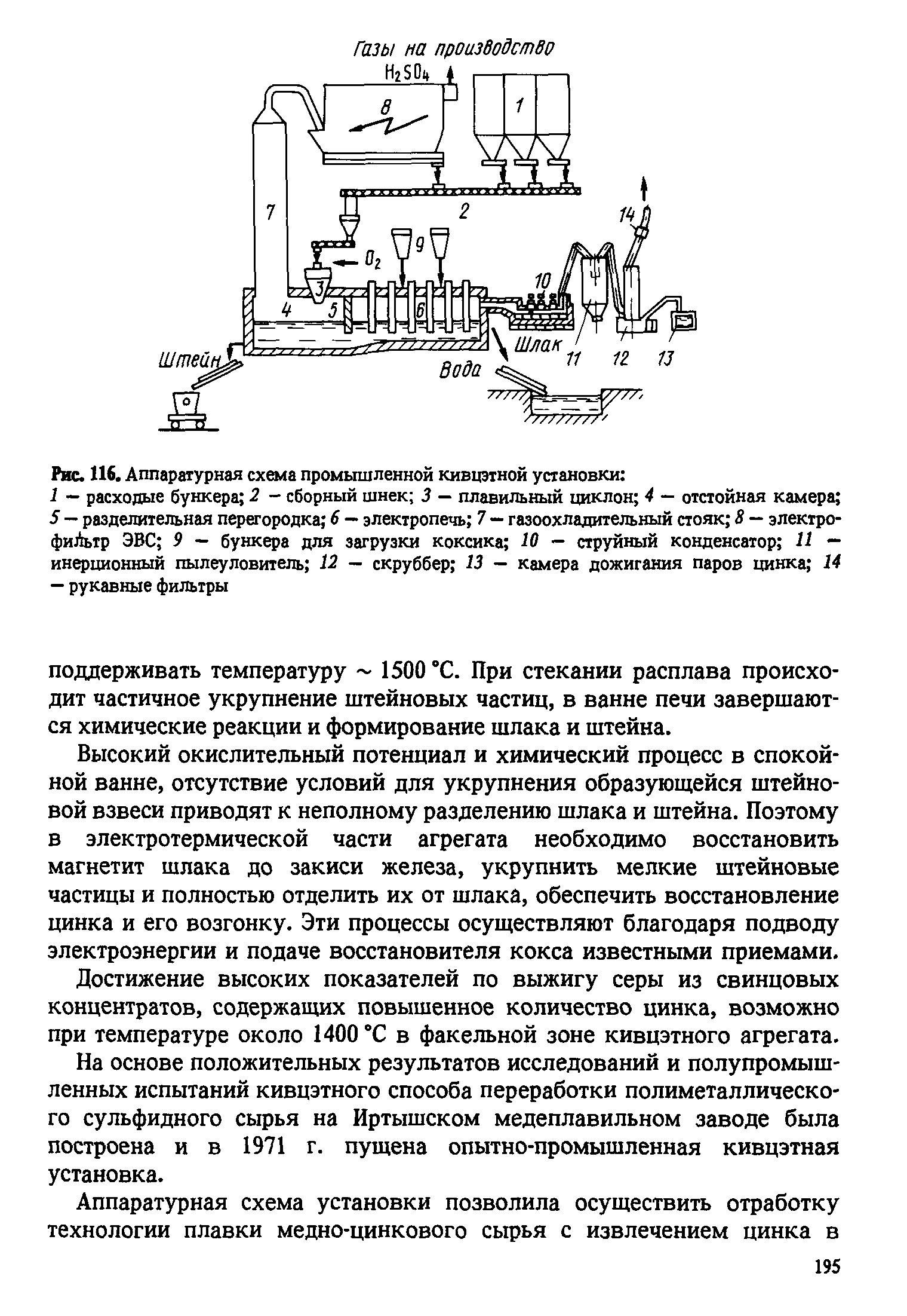 Высокий окислительный потенциал и химический процесс в спокойной ванне, отсутствие условий для укрупнения образующейся штейно-вой взвеси приводят к неполному разделению шлака и штейна. Поэтому в электротермической части агрегата необходимо восстановить магнетит шлака до закиси железа, укрупнить мелкие штейновые частицы и полностью отделить их от шлака, обеспечить восстановление цинка и его возгонку. Эти процессы осуществляют благодаря подводу электроэнергии и подаче восстановителя кокса известными приемами.
