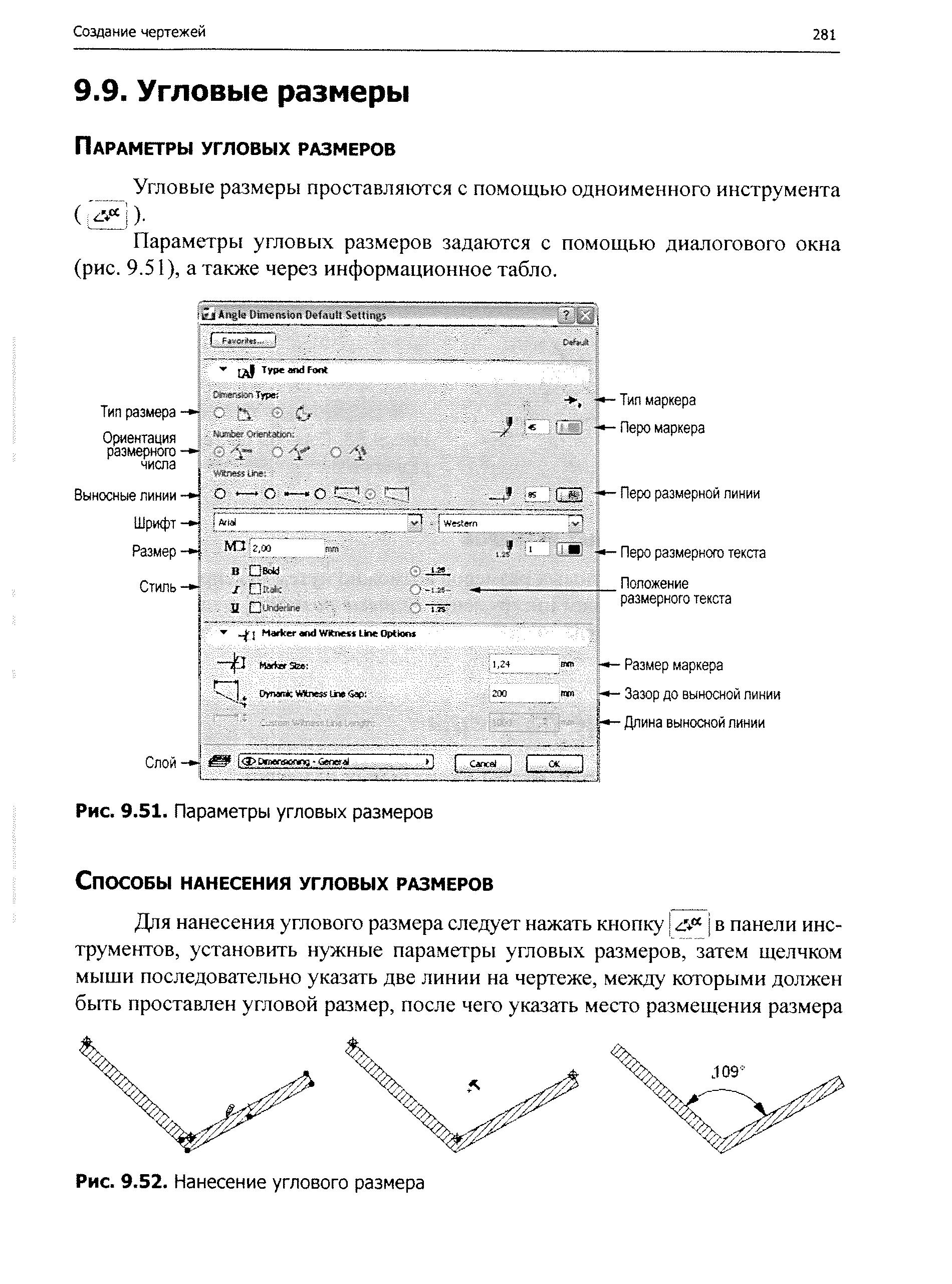 Параметры угловых размеров задаются с помощью диалогового окна (рис. 9.51), а также через информационное табло.
