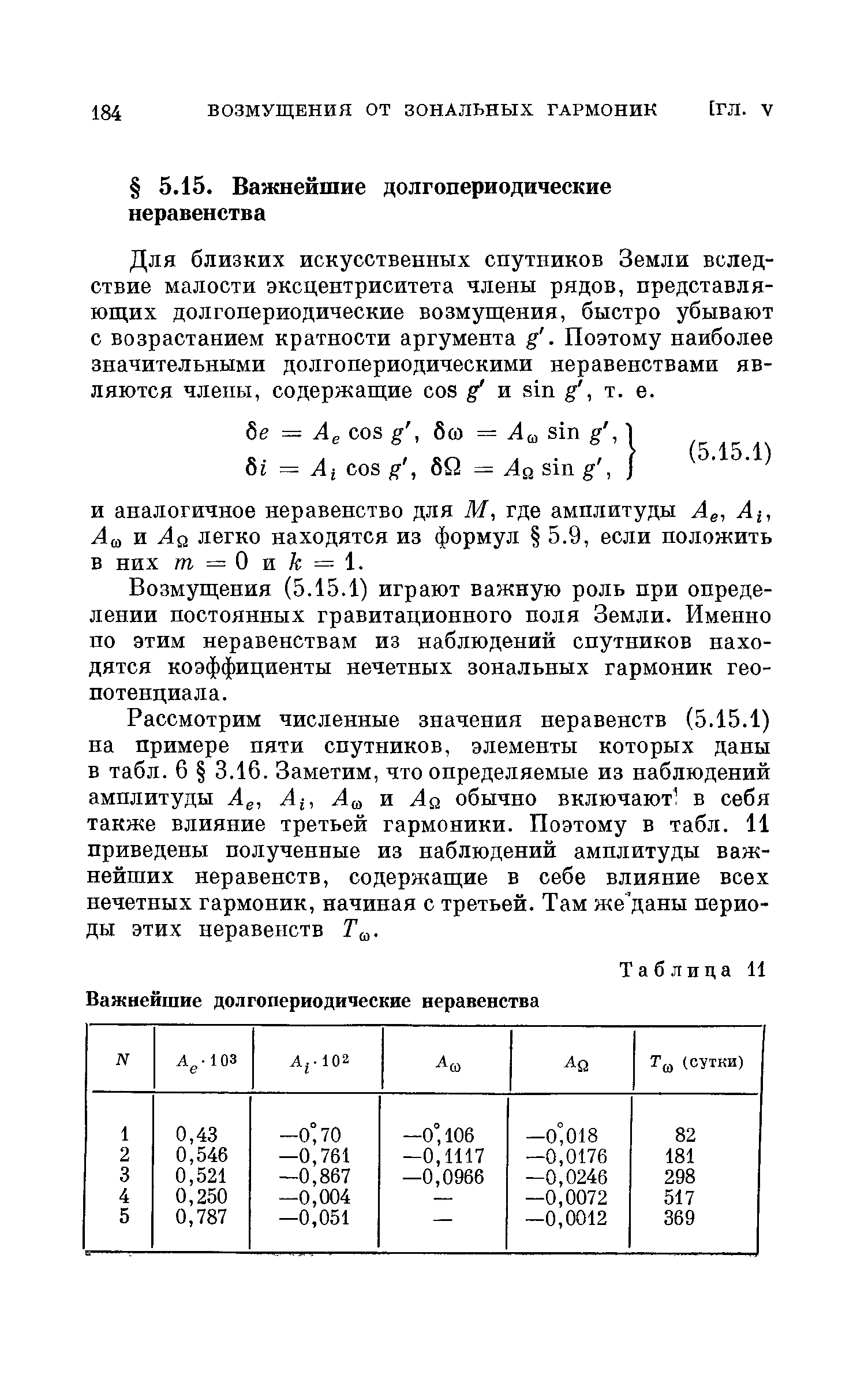 Для близких искусственных спутников Земли вследствие малости эксцентриситета члены рядов, представляющих долгопериодические возмущения, быстро убывают с возрастанием кратности аргумента g. Поэтому наиболее значительными долгопериодическими неравенствами являются члены, содержащие os g и sin g, т. е.
