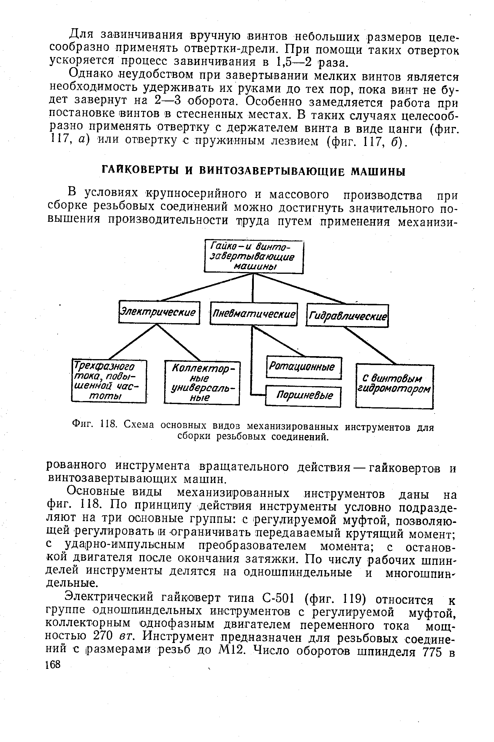 Основные виды механизированных инструментов даны на фиг. 118. По принципу действия инструменты условно подразделяют на три основные группы с регулируемой муфтой, позволяющей регулировать и ограничивать передаваемый крутящий момент с ударно-импульсным преобразователем момента с остановкой двигателя после окончания затяжки. По числу рабочих шпинделей инструменты делятся на одношниндельные и многошпин дельные.
