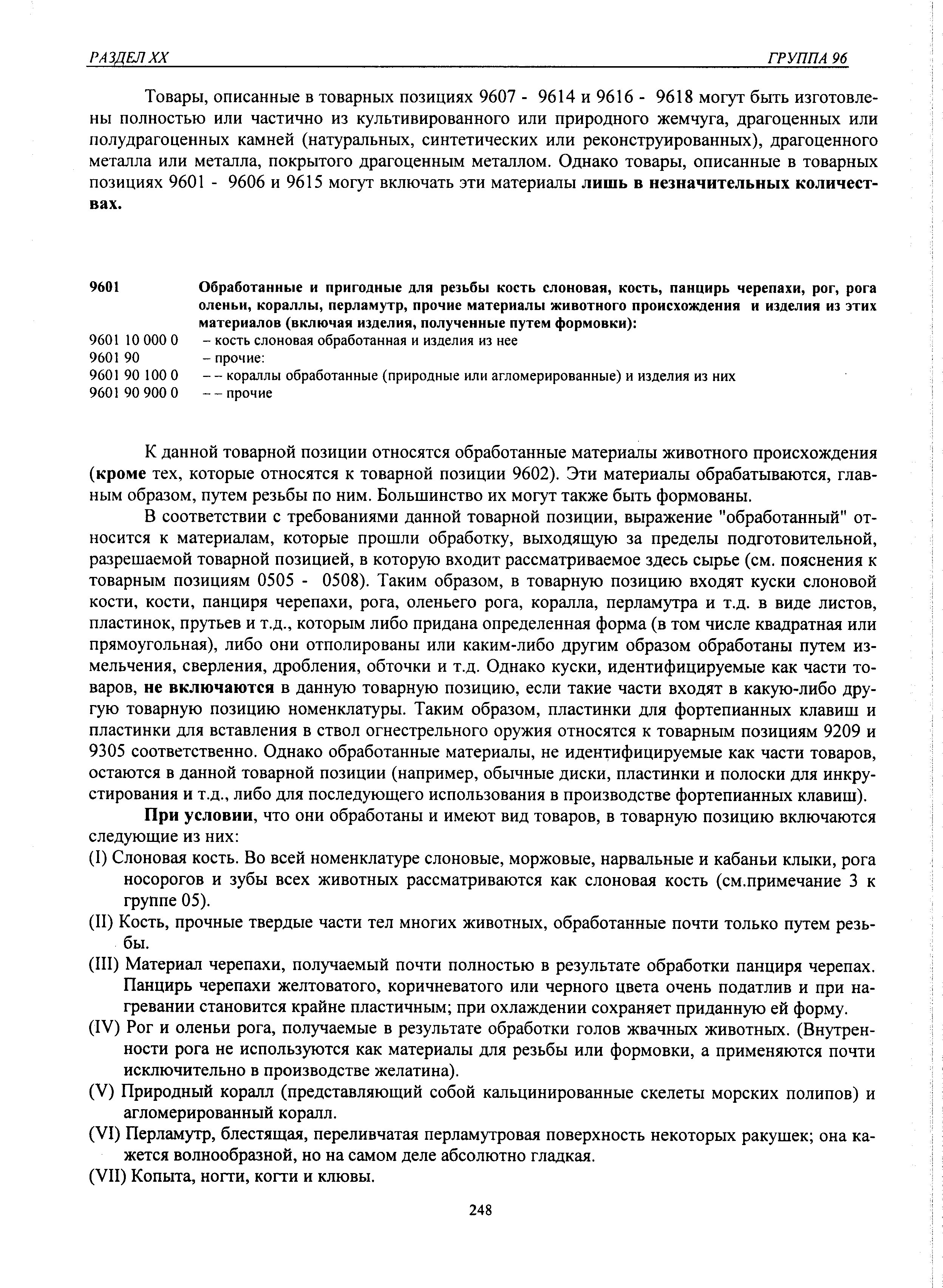 К данной товарной позиции относятся обработанные материалы животного происхождения (кроме тех, которые относятся к товарной позиции 9602). Эти материалы обрабатываются, главным образом, путем резьбы по ним. Большинство их могут также быть формованы.
