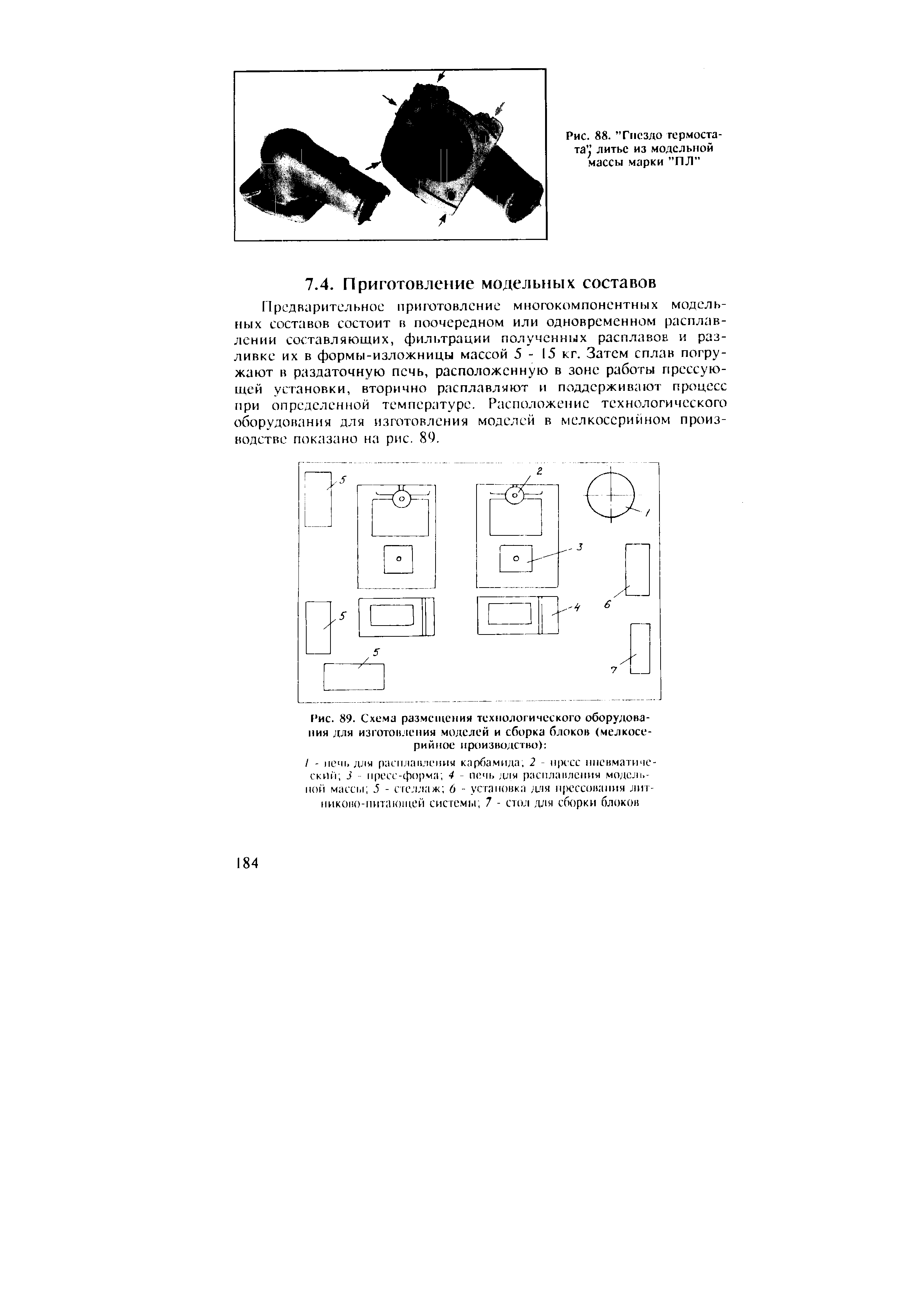 Предварительное приготовление многокомпонентных модельных составов состоит е) поочередном или одновременном расплавлении составляющих, фильтрации полученных расплавов я разливке их в формы-изложницы массой 5-15 кт. Затем сплав погружают в раздаточную печь, расположенную в зоне работы прессующей установки, вторично расплавляют и поддерживают процесс при определенной температуре. Расположение технологического оборудования для изготовления моделей в мелкосерийном производстве показано на рис. 89.
