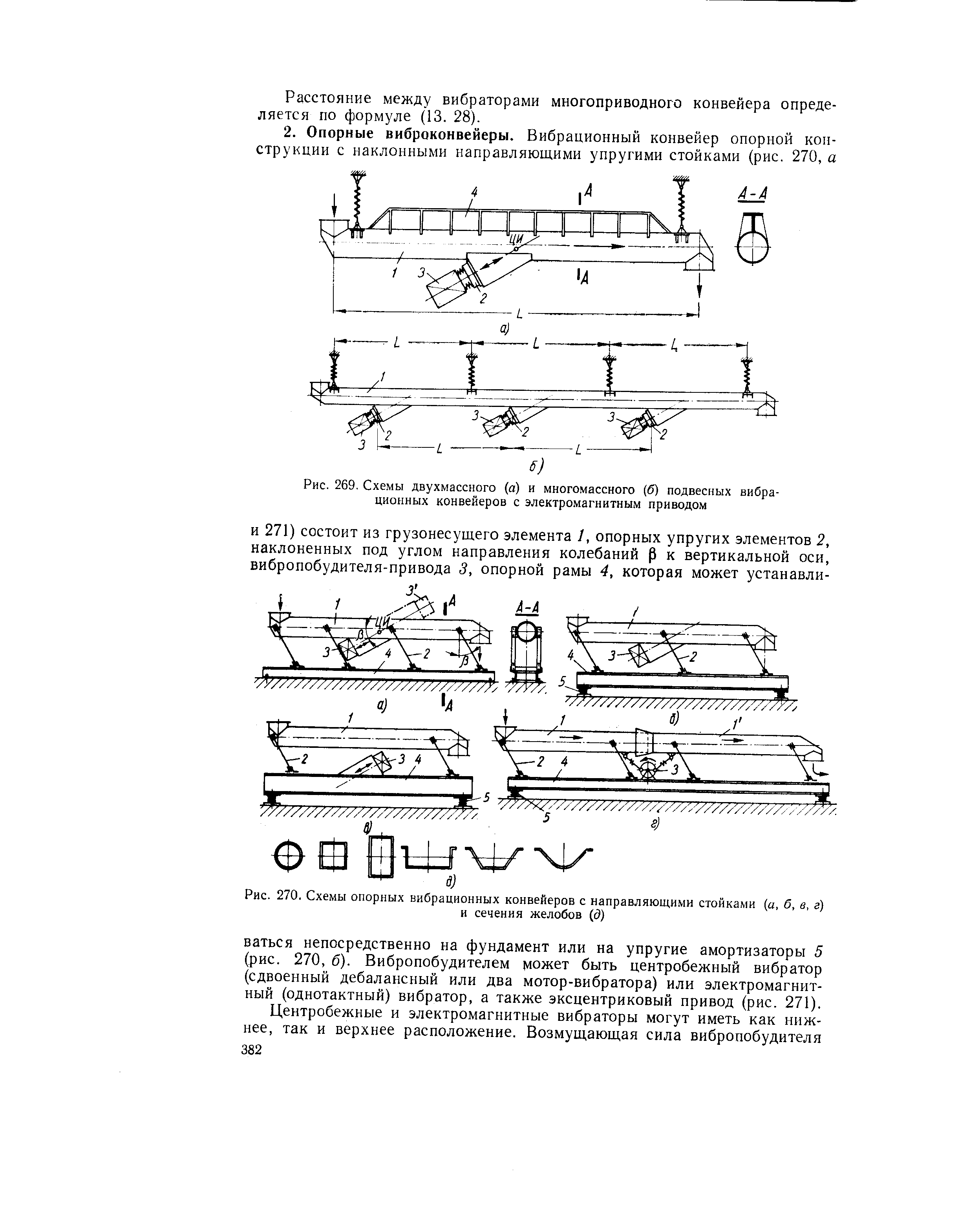 Рис. 269. Схемы двухмассного (а) и многомассного (б) подвесных вибрационных конвейеров с электромагнитным приводом
