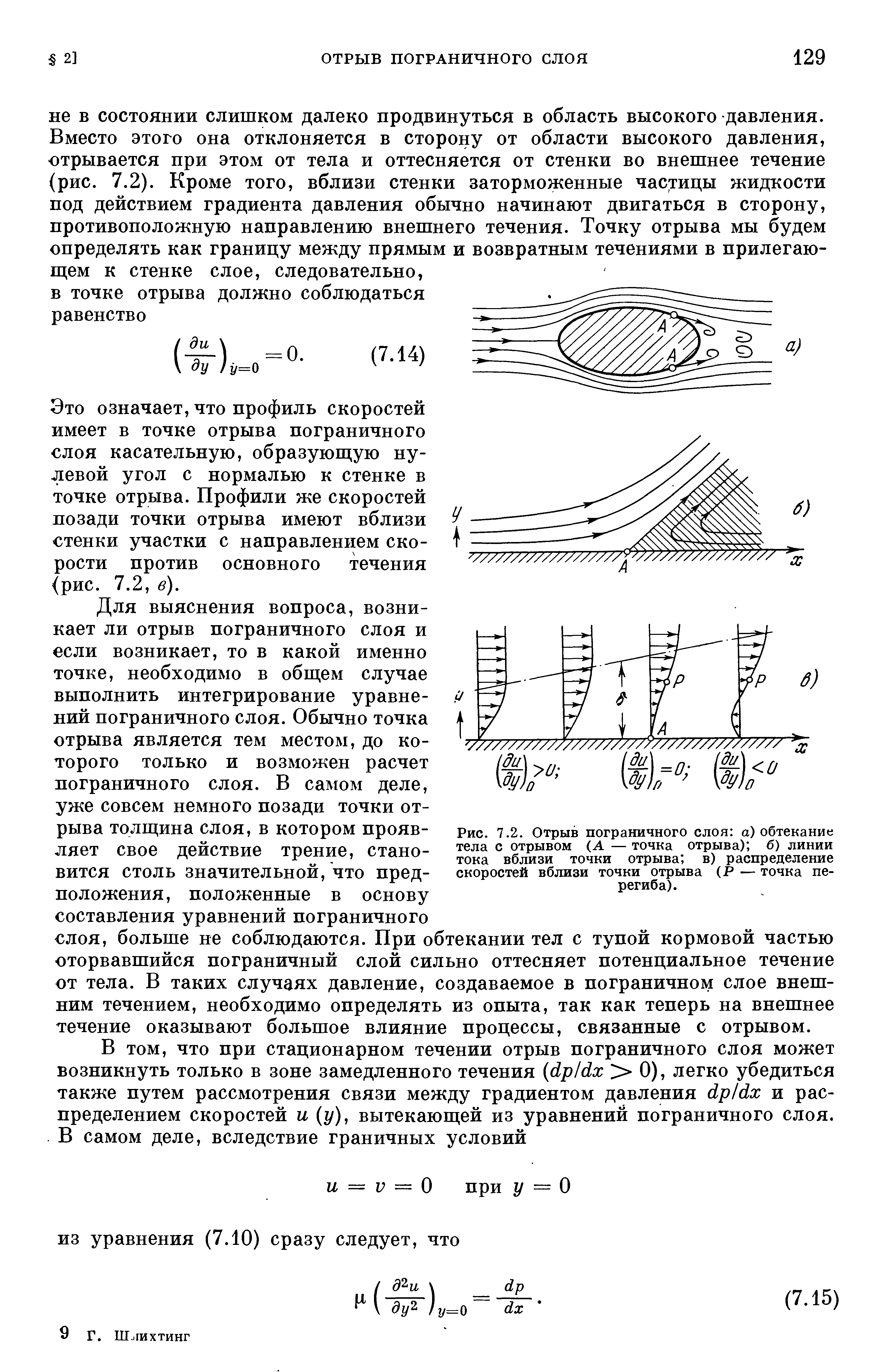 Это означает, что профиль скоростей имеет в точке отрыва пограничного слоя касательную, образующую нулевой угол с нормалью к стенке в точке отрыва. Профили же скоростей позади точки отрыва имеют вблизи стенки участки с направлением скорости против основного течения рис. 7.2, в).
