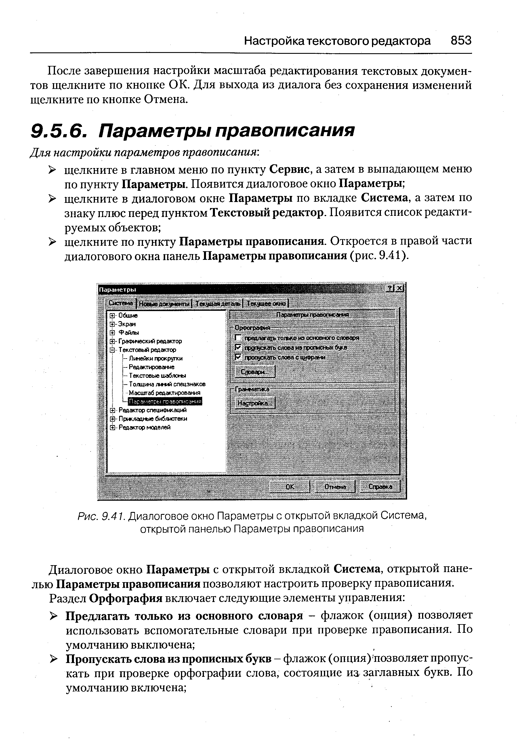 Диалоговое окно Параметры с открытой вкладкой Система, открытой панелью Параметры правописания позволяют настроить проверку правописания.
