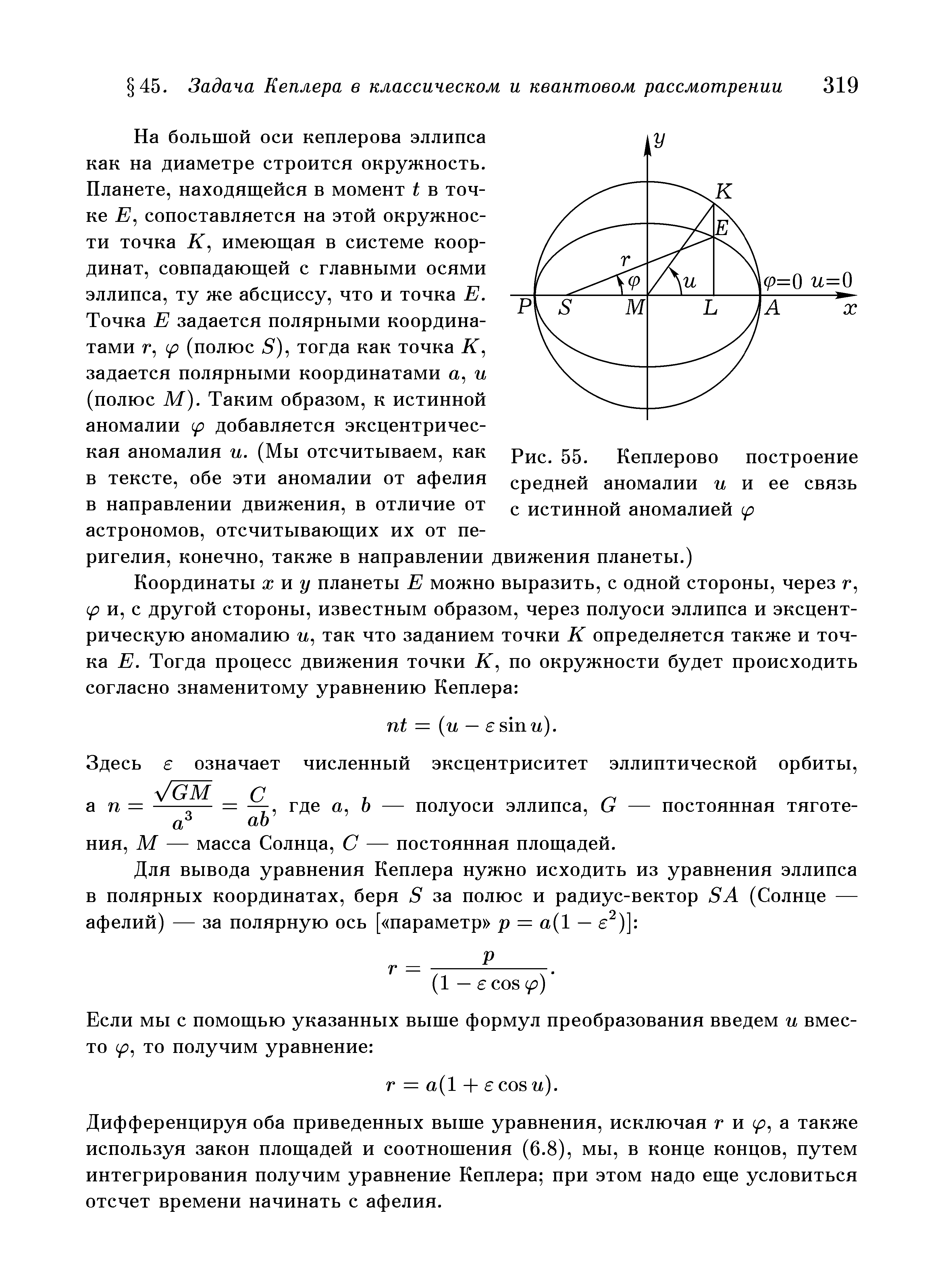 Рис. 55. Кеплерово построение средней аномалии п и ее связь с истинной аномалией
