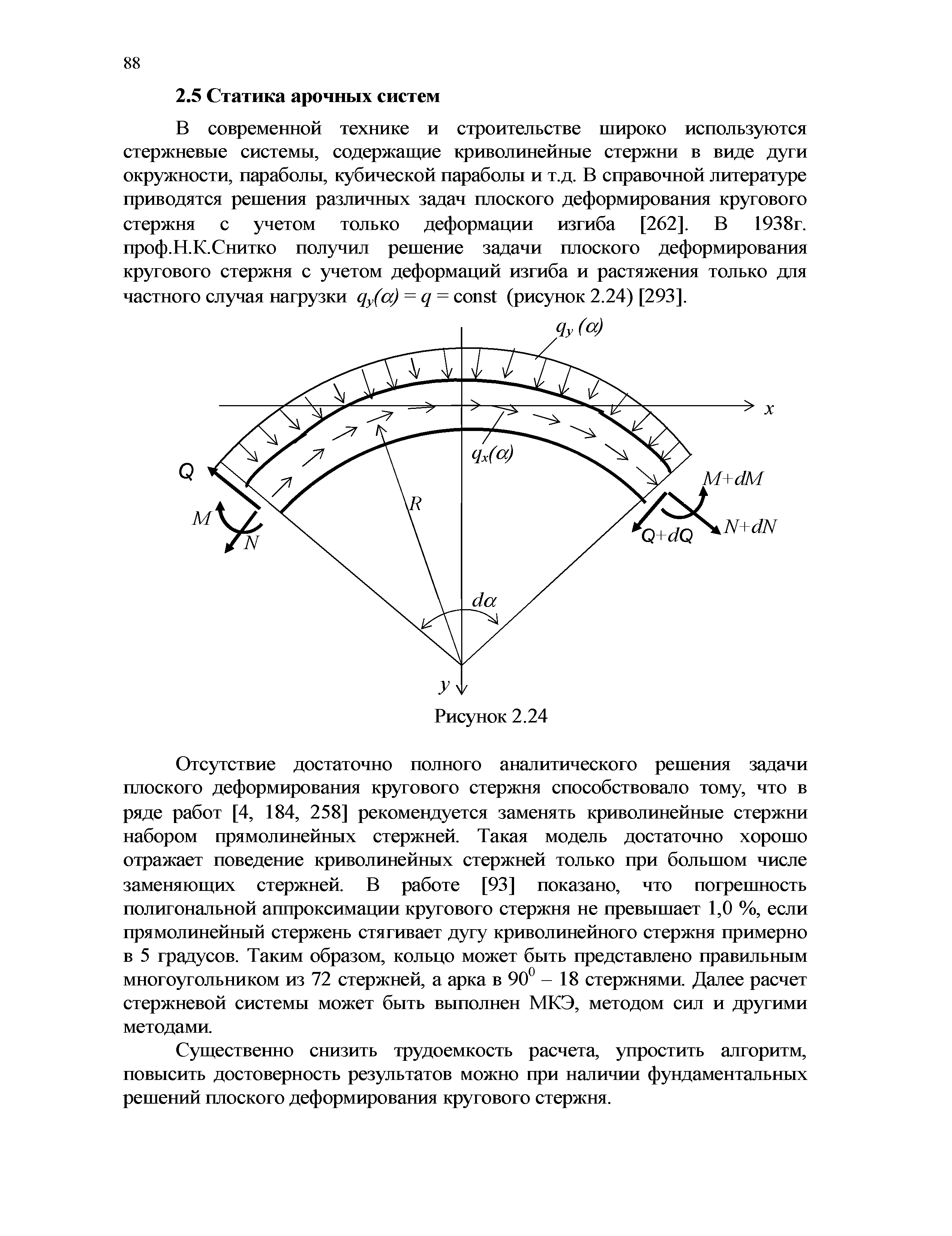 В современной технике и строительстве широко используются стержневые системы, содержащие криволинейные стержни в виде дуги окружности, параболы, кубической параболы и т.д. В справочной литературе приводятся решения различных задач плоского деформирования кругового стержня с учетом только деформации изгиба [262]. В 1938г. проф.Н.К.Снитко получил решение задачи плоского деформирования кругового стержня с учетом деформаций изгиба и растяжения только для частного случая нагрузки Цу(а) = q = onst (рисунок 2.24) [293].
