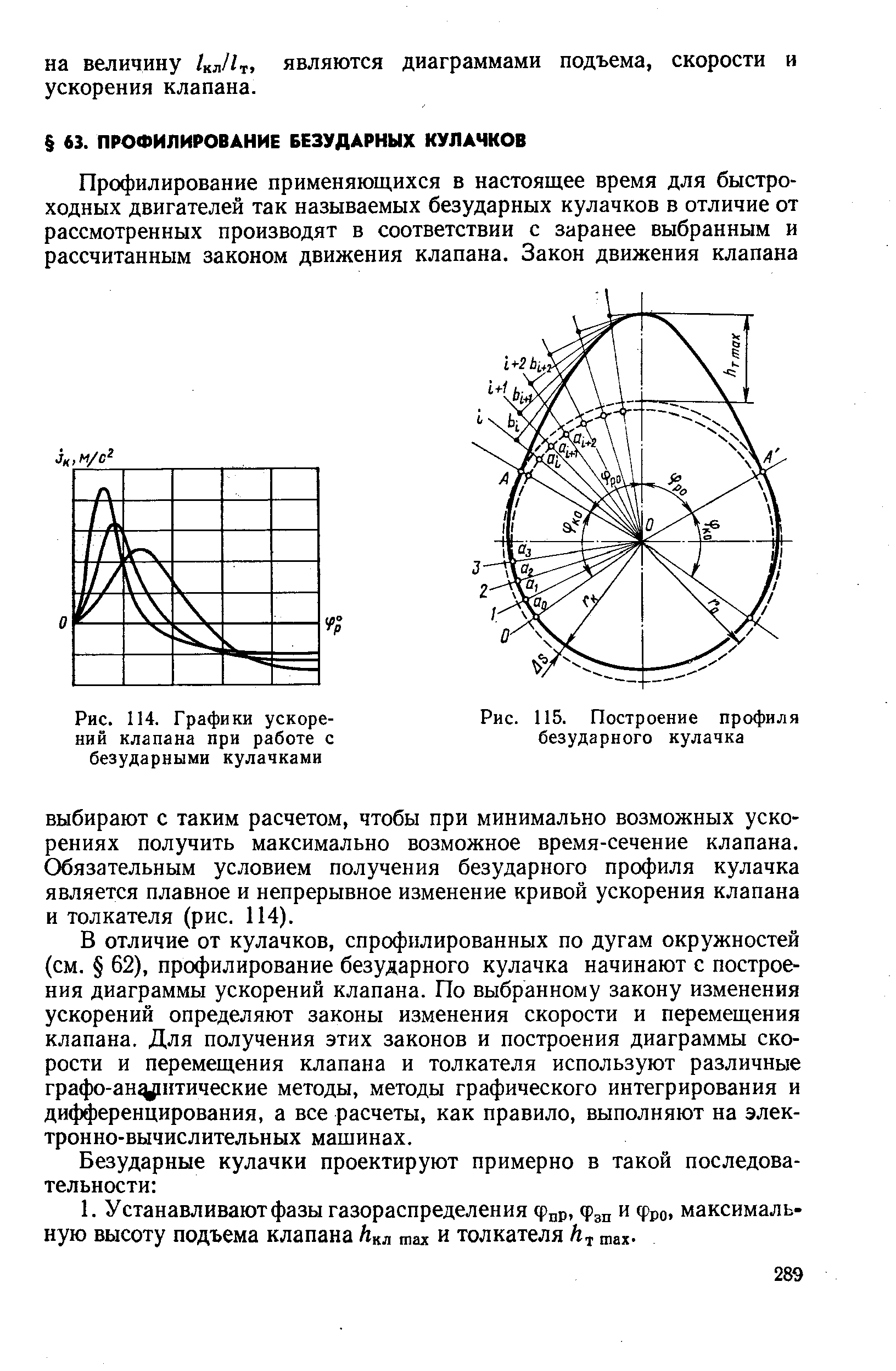 В отличие от кулачков, спрофилированных по дугам окружностей (см. 62), профилирование безударного кулачка начинают с построения диаграммы ускорений клапана. По выбранному закону изменения ускорений определяют законы изменения скорости и перемещения клапана. Для получения этих законов и построения диаграммы скорости и перемещения клапана и толкателя используют различные графо-ан итические методы, методы графического интегрирования и дифференцирования, а все расчеты, как правило, выполняют на электронно-вычислительных машинах.
