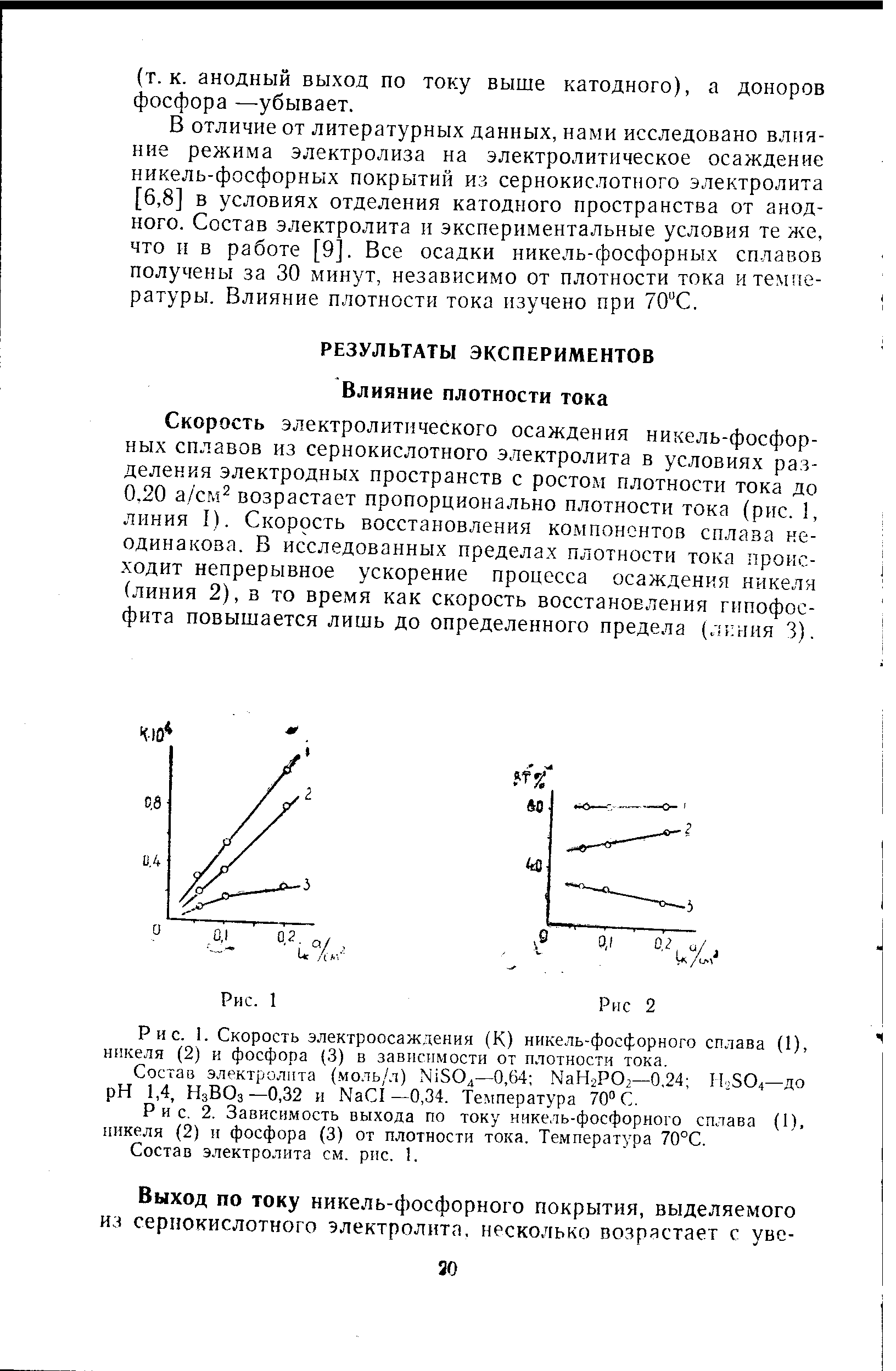 Рис. 1. Скорость электроосаждення (К) никель-фосфорного сплава (I), никеля (2) и фосфора (3) в зависимости от плотности тока.
