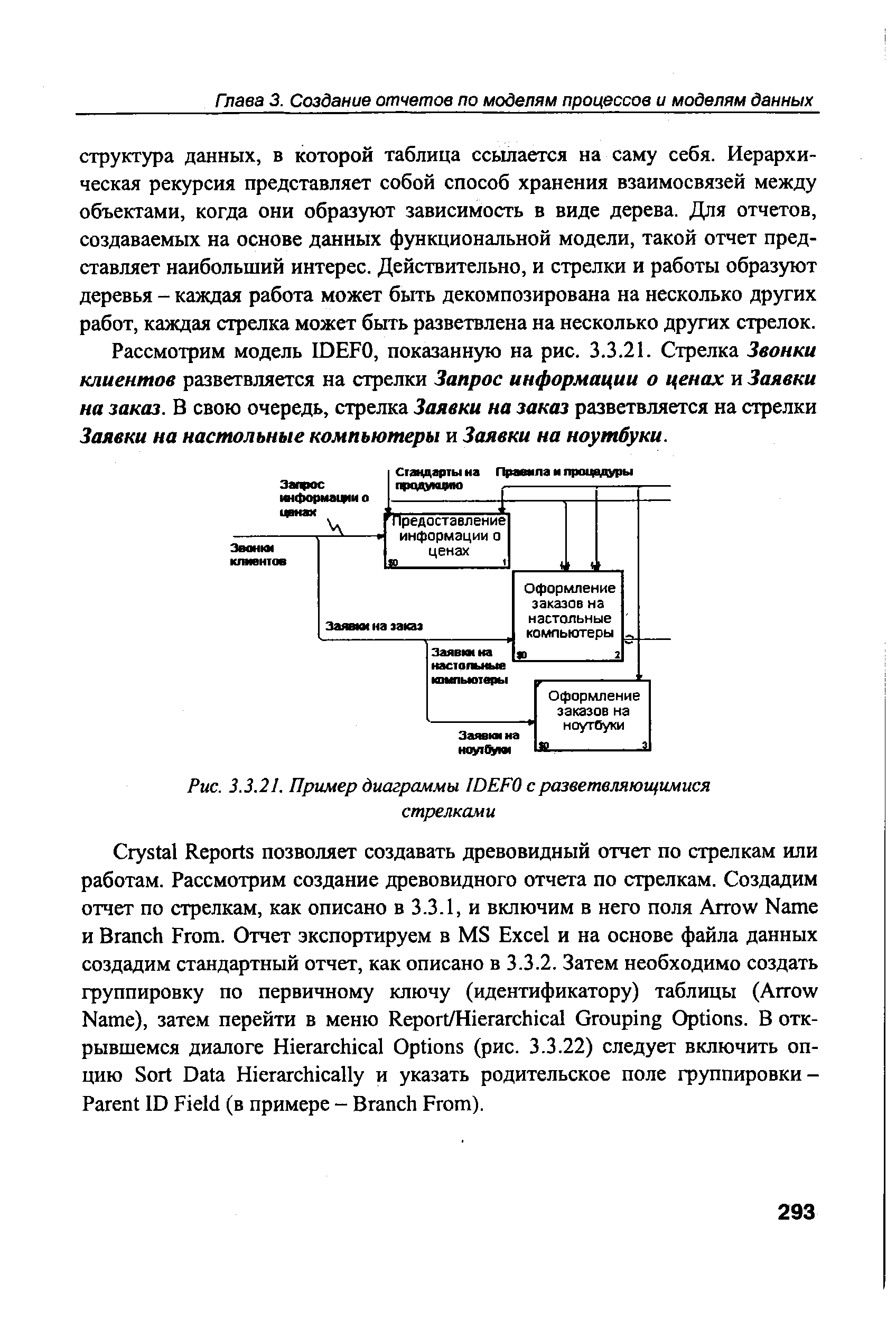 Рассмотрим модель ШЕРО, показанную на рис. 3.3.21. Стрелка Звонки клиентов разветвляется на стрелки Запрос информации о ценах и Заявки на заказ. В свою очередь, стрелка Заявки на заказ разветвляется на стрелки Заявки на настольные компьютеры и Заявки на ноутбуки.
