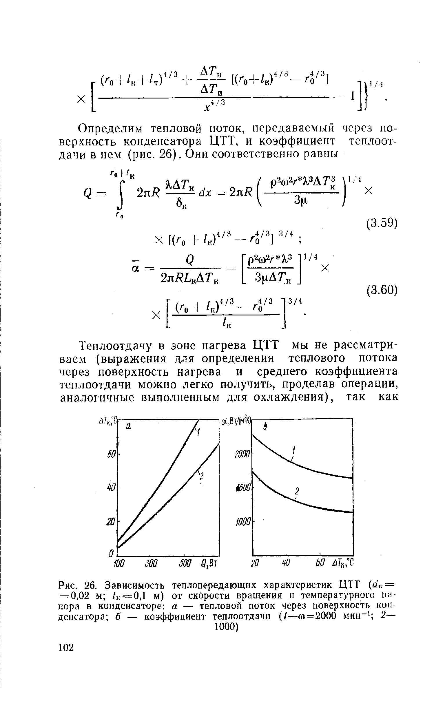 Рис. 26. Зависимость теплопередающих характеристик ЦТТ (й к = =0,02 м /к=0,1 м) от <a href="/info/108847">скорости вращения</a> и <a href="/info/30360">температурного напора</a> в конденсаторе а — тепловой поток через поверхность конденсатора 6 — коэффициент теплоотдачи (/—a=2000 мин- 2—
