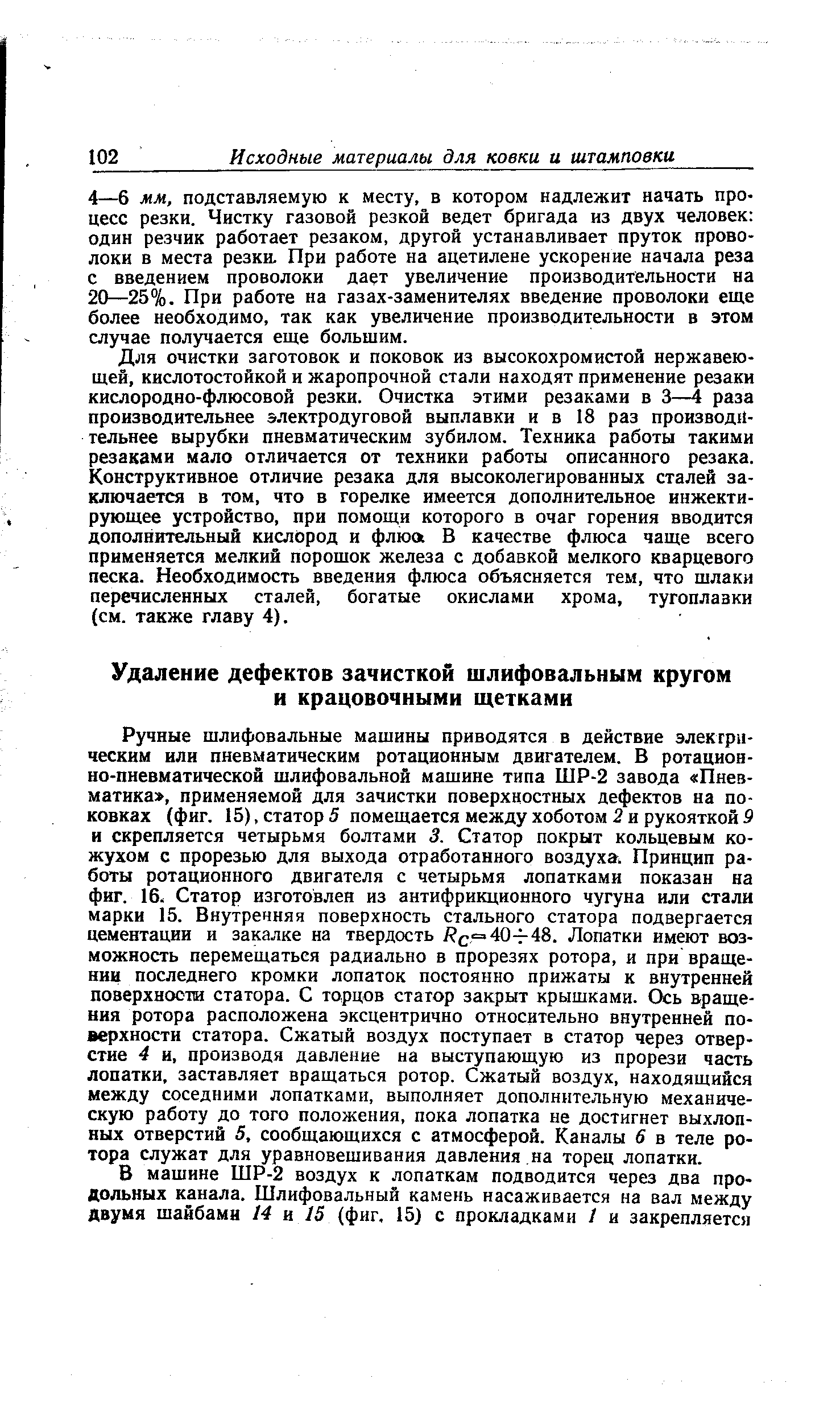 Ручные шлифовальные машины приводятся в действие элекгри-ческим или пневматическим ротационным двигателем. В ротационно-пневматической шлифовальной машине типа ШР-2 завода Пиев-матика , применяемой для зачистки поверхностных дефектов на поковках (фиг. 15), статор 5 помещается между хоботом 2 и рукояткой 5 и скрепляется четырьмя болтами 3. Статор покрыт кольцевым кожухом с прорезью для выхода отработанного воздуха. Принцип работы ротационного двигателя с четырьмя лопатками показан на фиг. 16. Статор изготовлен из антифрикционного чугуна или стали марки 15. Внутренняя поверхность стального статора подвергается цементации и закалке на твердость = 40- 48. Лопатки имеют возможность перемещаться радиально в прорезях ротора, и при вращении последнего кромки лопаток постоянно прижаты к внутренней поверхности статора. С торцов статор закрыт крышками. Ось вращения ротора расположена эксцентрично относительно внутренней поверхности статора. Сжатый воздух поступает в статор через отверстие 4 и, производя давление на выступающую из прорези часть лопатки, заставляет вращаться ротор. Сжатый воздух, находящийся между соседними лопатками, выполняет дополнительную механическую работу до того положения, пока лопатка не достигнет выхлопных отверстий 5, сообщающихся с атмосферой. Каналы 6 в теле ротора служат для уравновешивания давления на торец лопатки.
