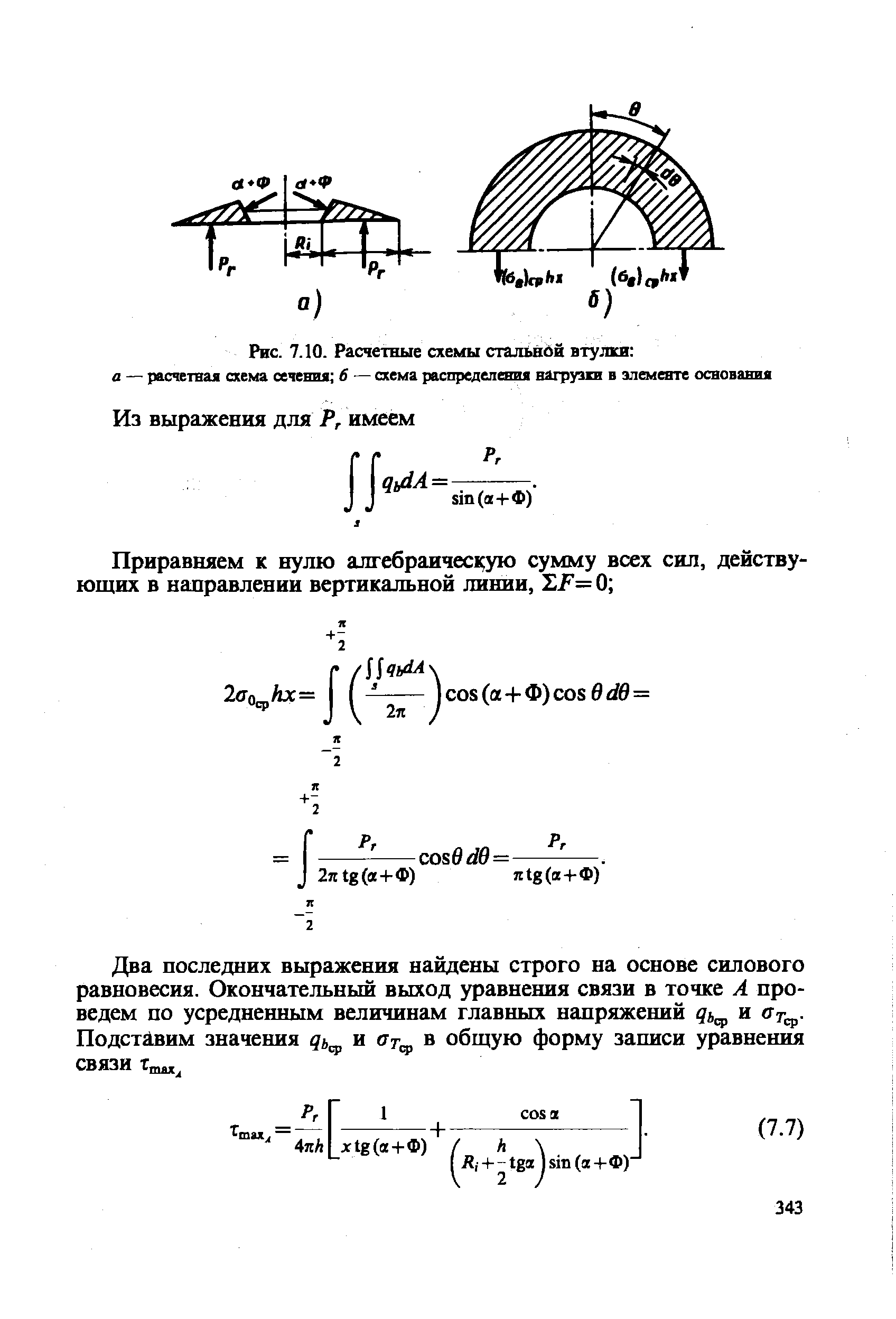 Рис. 7.10. <a href="/info/7045">Расчетные схемы</a> стальной втулки а — <a href="/info/7045">расчетная схема</a> сечения 6 — схема <a href="/info/5958">распределения нагрузки</a> в элементе основания
