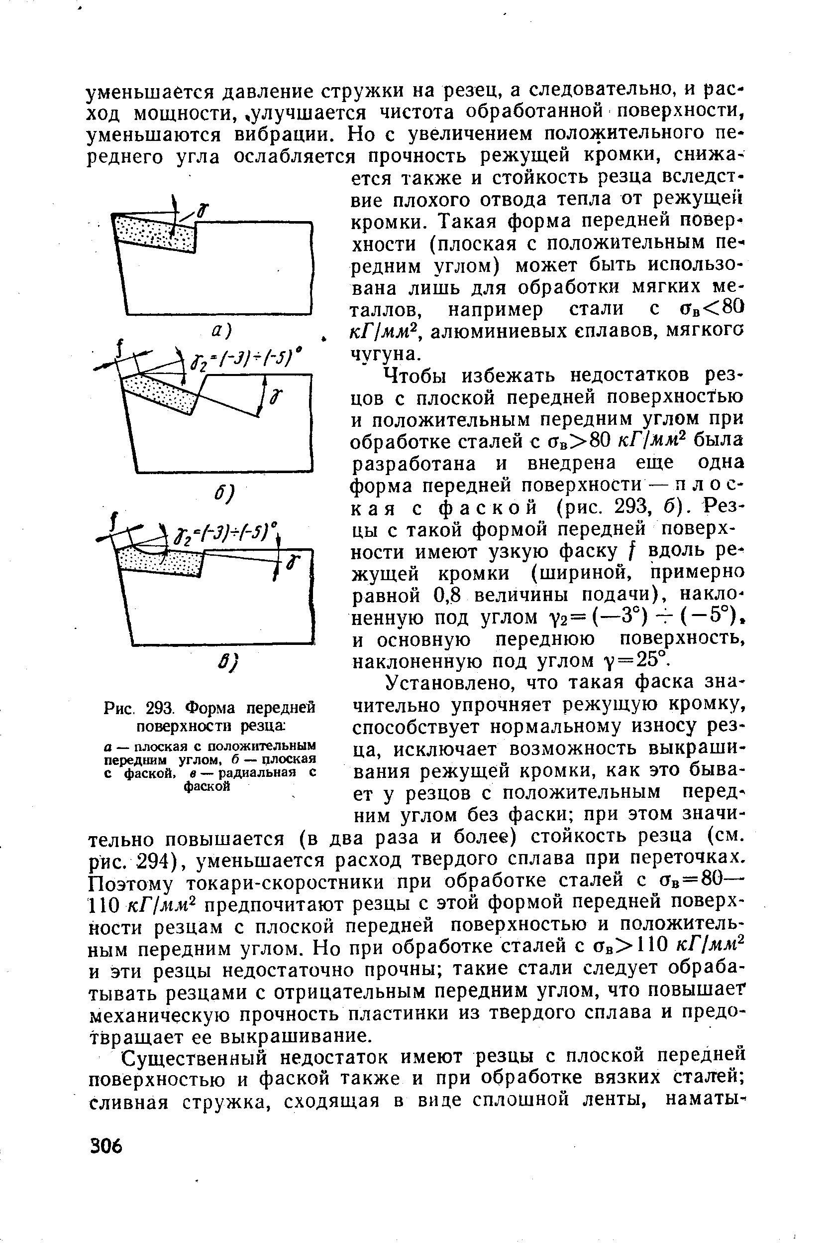 Рис. 293. Форма передней поверхности резца а — плоская с положительным передним углом, 6 — плоская с фаской, в — радиальная с фаской
