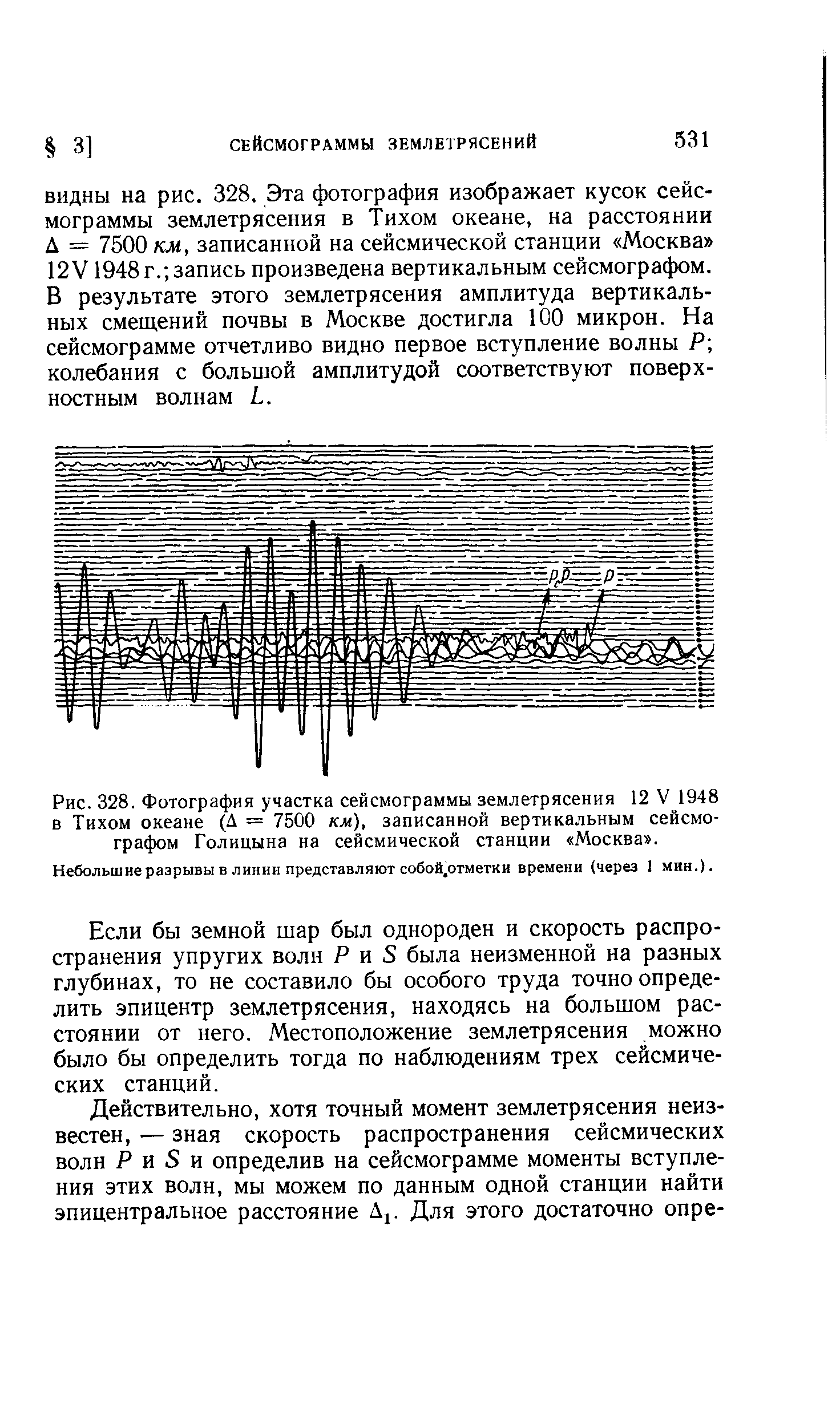 Рис. 328. Фотография участка сейсмограммы землетрясения 12 V 1948 в Тихом океане (Д = 7500 км), записанной вертикальным сейсмографом Голицына на сейсмической станции Москва .
