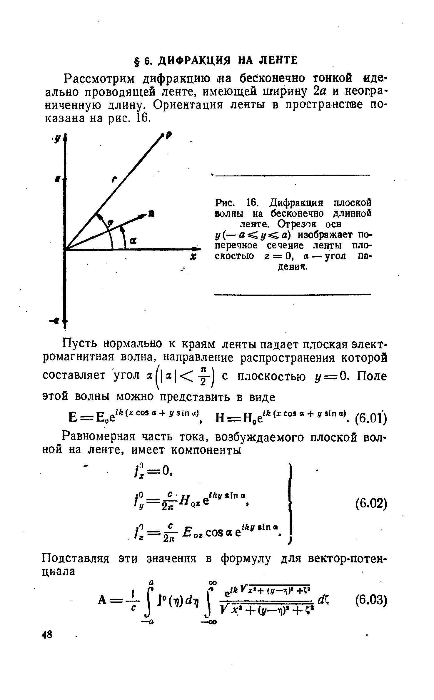 Рассмотрим дифракцию а бесконечно тонкой. идеально проводящей ленте, имеющей ширину 2а и неограниченную длину. Ориентация ленты в пространстве показана на рис. 16.
