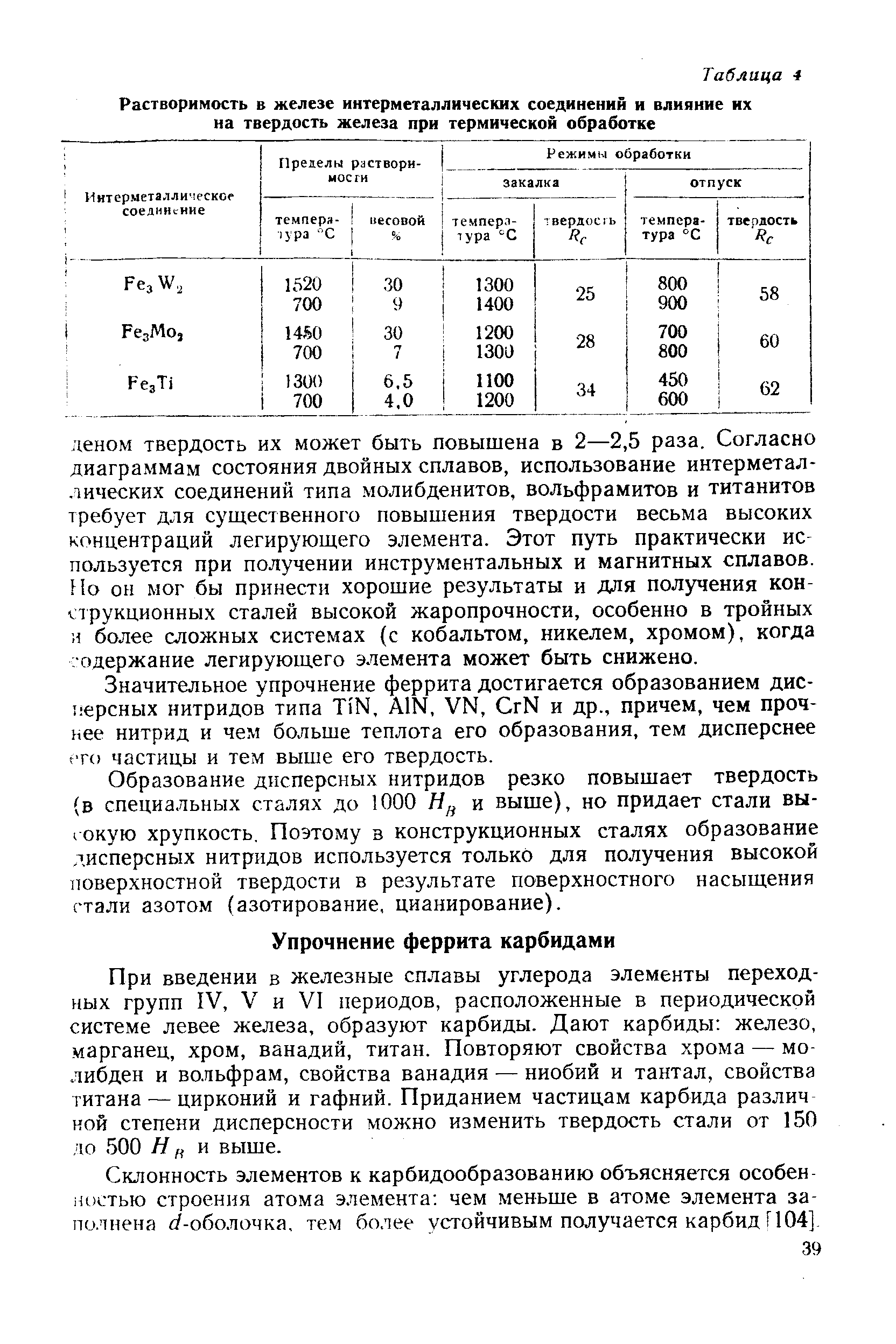При введении в железные сплавы углерода элементы переходных групп IV, V и VI периодов, расположенные в периодической системе левее железа, образуют карбиды. Дают карбиды железо,. марганец, хром, ванадий, титан. Повторяют свойства хрома — молибден и вольфрам, свойства ванадия — ниобий и тантал, свойства титана — цирконий и гафний. Приданием частицам карбида различ кой степени дисперсности можно изменить твердость стали от 150, io 500 Н я выше.
