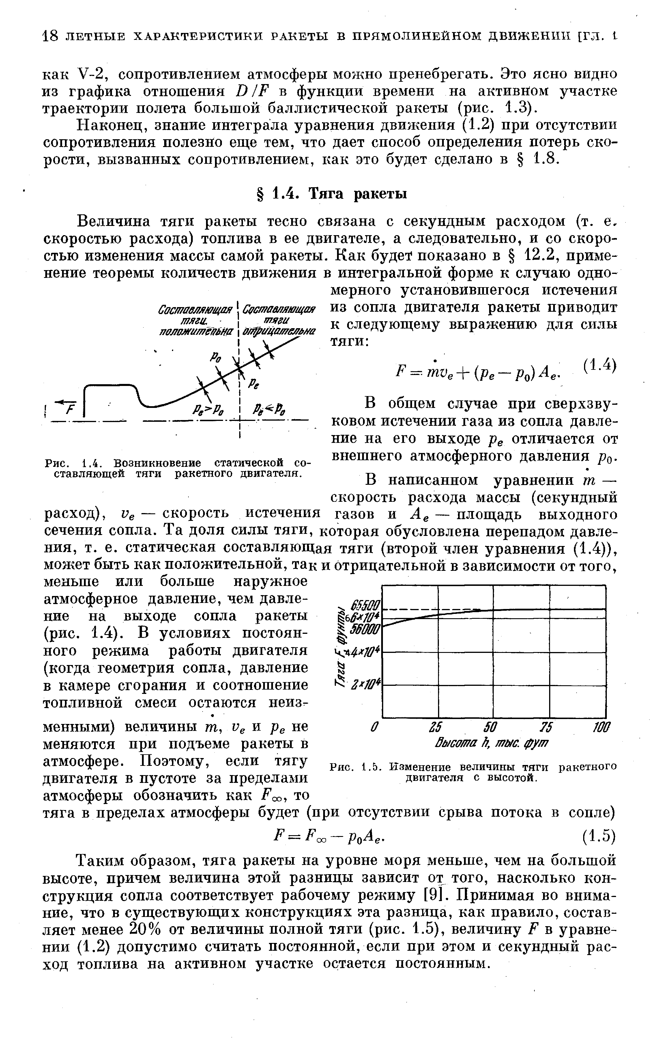 Таким образом, тяга ракеты на уровне моря меньше, чем на большой высоте, причем величина этой разницы зависит от того, насколько конструкция сопла соответствует рабочему режиму [9]. Принимая во внимание, что в существующих конструкциях эта разница, как правило, составляет менее 20% от величины полной тяги (рис. 1.5), величину Е в уравнении (1.2) допустимо считать постоянной, если при этом и секундный расход топлива на активном участке остается постоянным.
