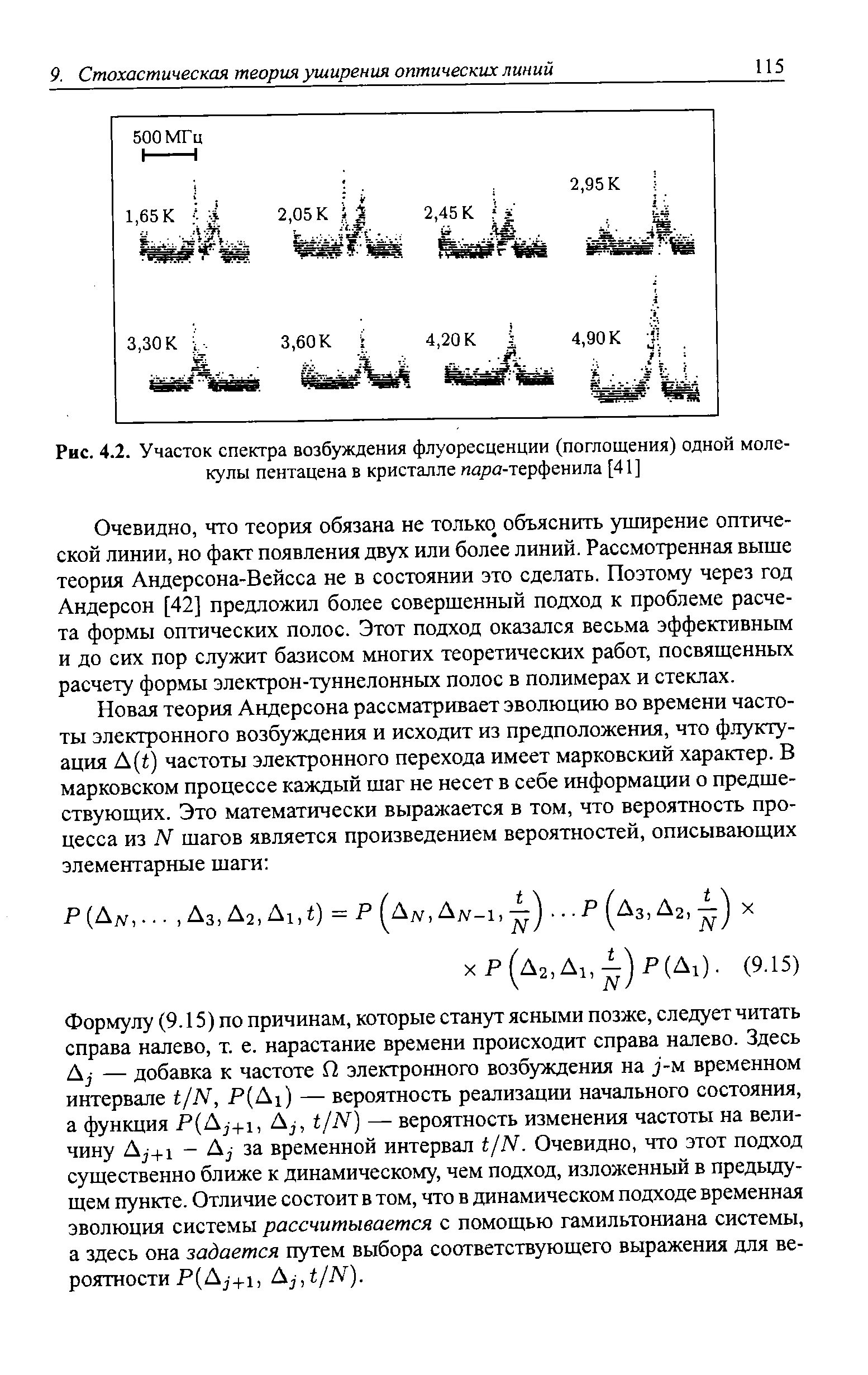 Очевидно, что теория обязана не только объяснить уширение оптической линии, но факт появления двух или более линий. Рассмотренная выше теория Андерсона-Вейсса не в состоянии это сделать. Поэтому через год Андерсон [42] предложил более совершенный подход к проблеме расчета формы оптических полос. Этот подход оказался весьма эффективным и до сих пор служит базисом многих теоретических работ, посвященных расчету формы электрон-туннелонных полос в полимерах и стеклах.
