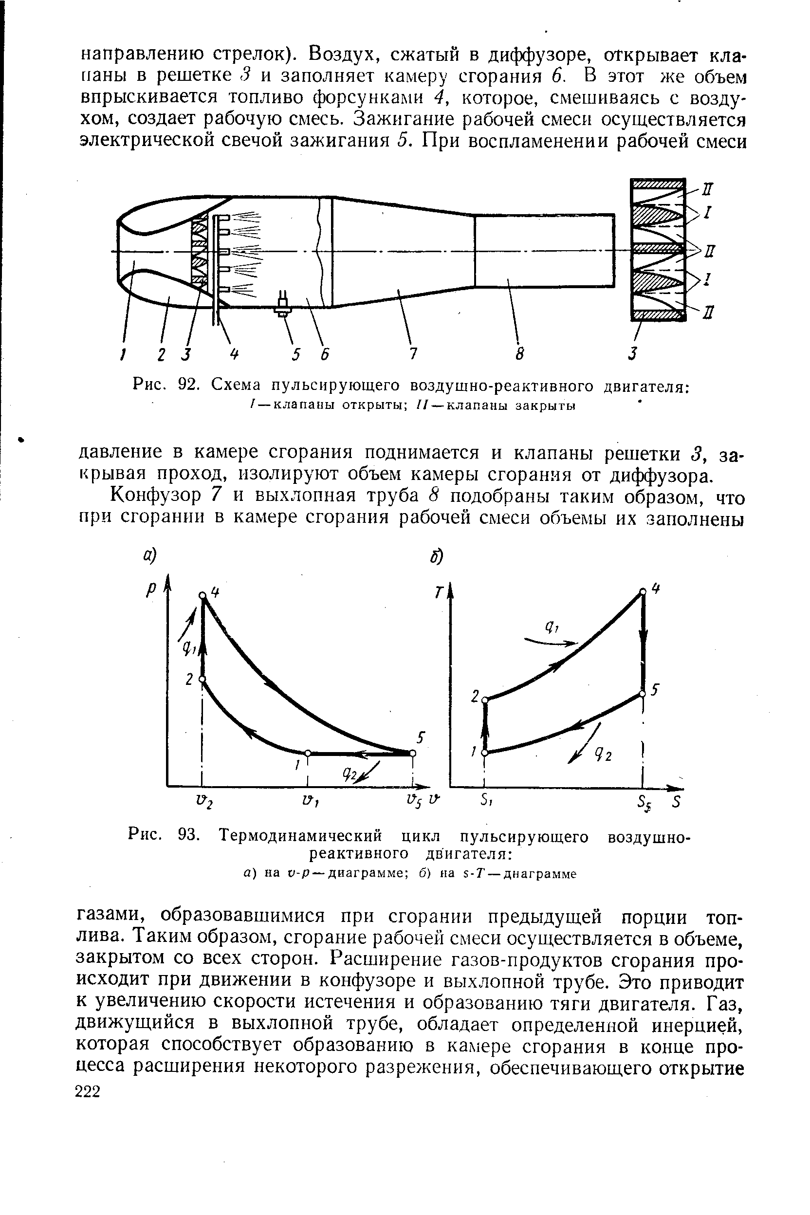 Рис. 93. <a href="/info/19066">Термодинамический цикл</a> пульсирующего воздушно-реактивного двигателя а) на v-p — диаграмме б) на s-T — диаграмме
