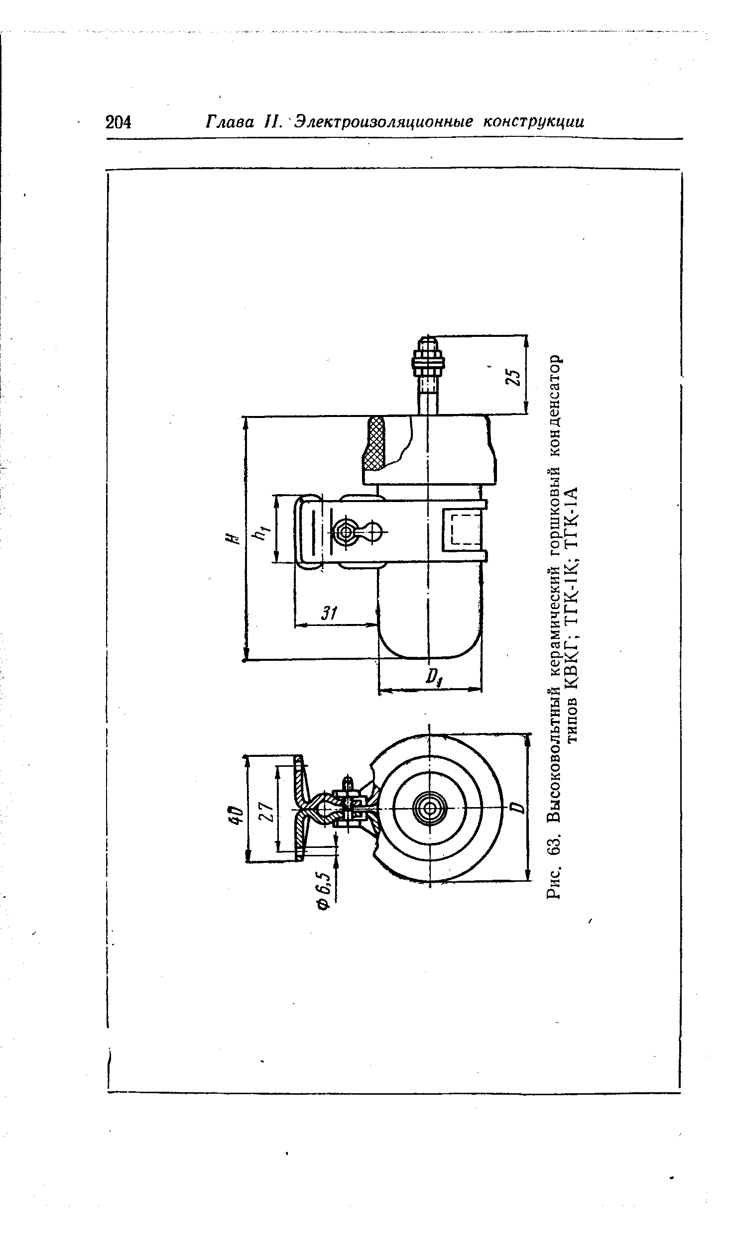 Рис. 63. Высоковольтный керамический горшковый конденсатор типов КВКГ ТГК-1К ТГК-1А
