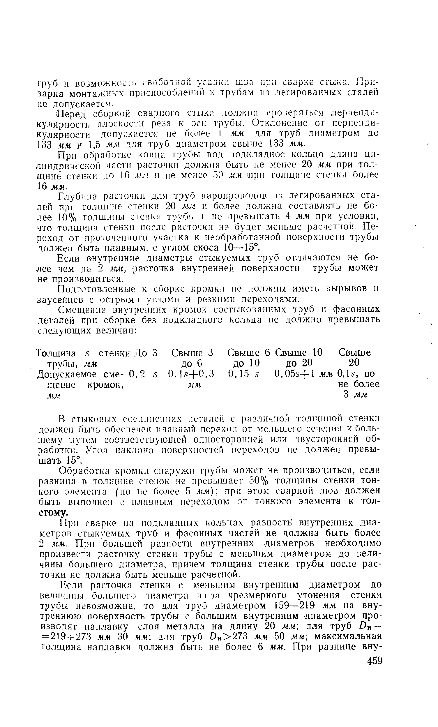 Перед сборкой сварного стыка лолжна проверяться лерпенди-кулярность плоскости реза к оси трубы. Отклонение от перпендикулярности допускается ие более 1 мм для труб диаметром до 133 мм и 1,5 мм лля труб диаметром свыше 133 мм.

