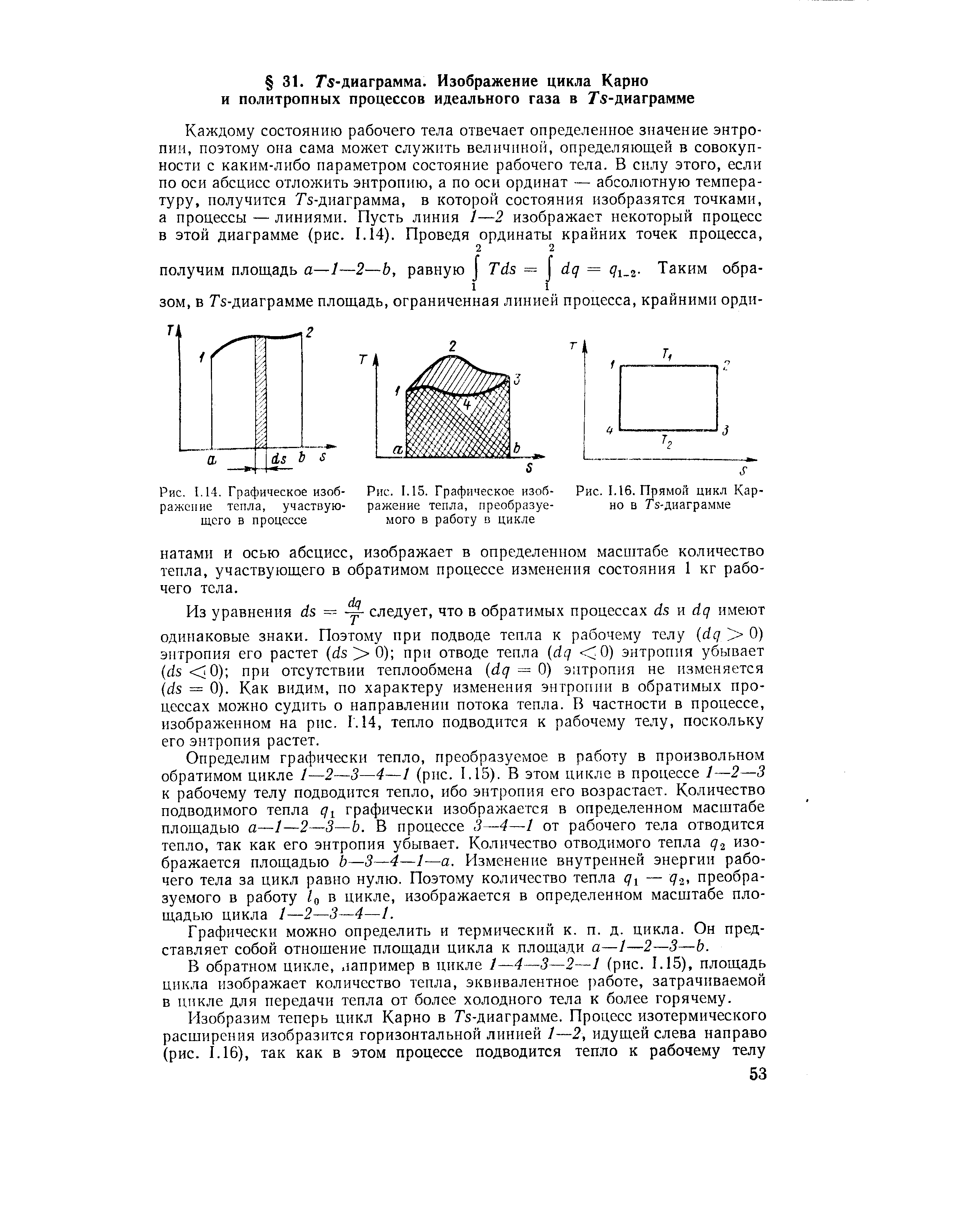 Определим графически тепло, преобразуемое в работу в произвольном обратимом цикле /—2—3—4—1 (рис. 1.15), В этом цикле в процессе 1—2—3 к рабочему телу подводится тепло, ибо энтропия его возрастает. Количество подводимого тепла д1 графически изображается в определенном масштабе площадью а—1—2—3—Ь. В процессе —4—1 от рабочего тела отводится тепло, так как его энтропия убывает. Количество отводимого тепла д изображается площадью Ь—3—4—1—а. Изменение внутренней энергии рабочего тела за цикл равно нулю. Поэтому количество тепла д — д , преобразуемого в работу /о в цикле, изображается в определенном масштабе площадью цикла 1—2—3—4—1.
