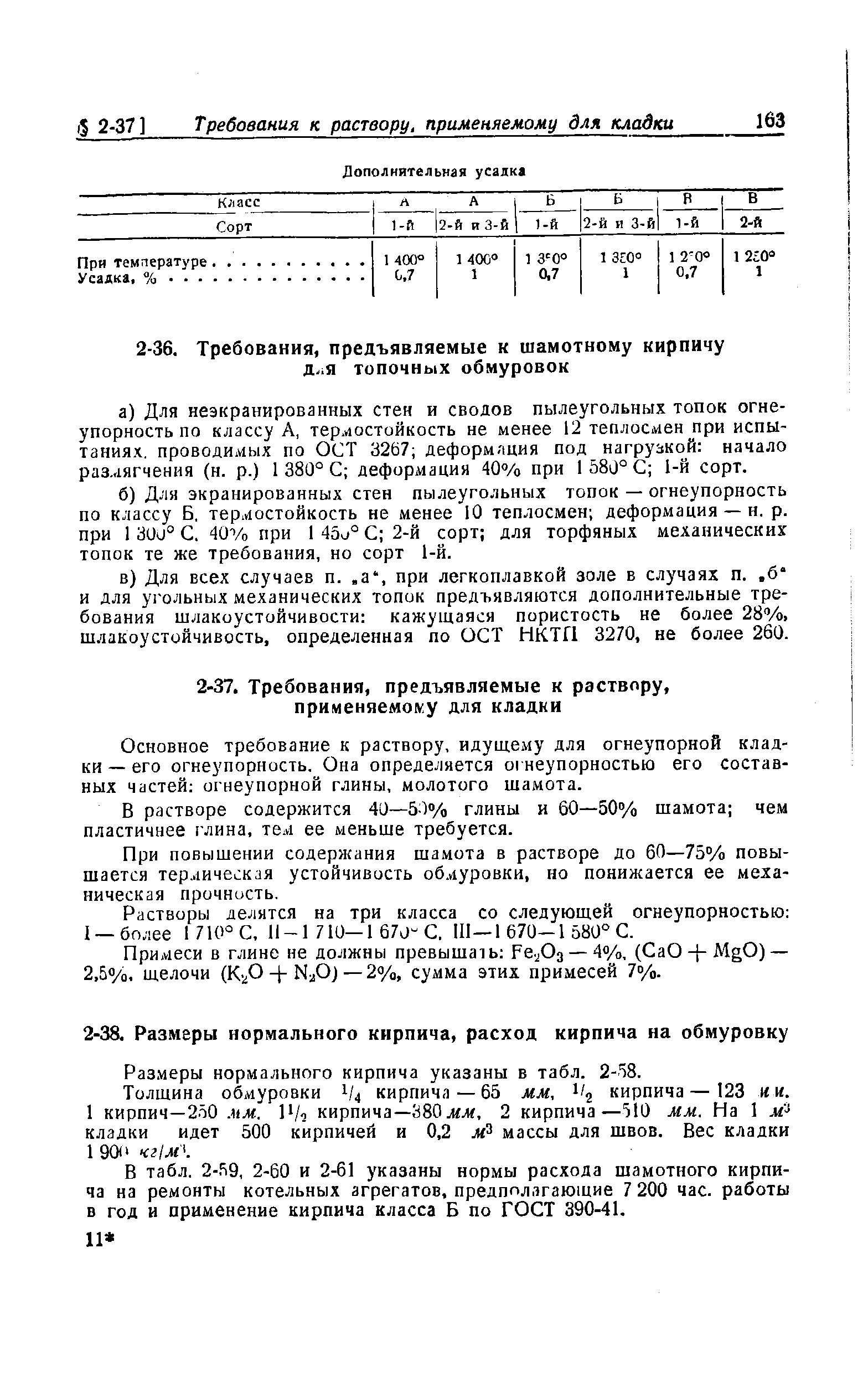 Основное требование к раствору, идущему для огнеупорной кладки — его огнеупорность. Она определяется огнеупорностью его составных частей огнеупорной глины, молотого шамота.
