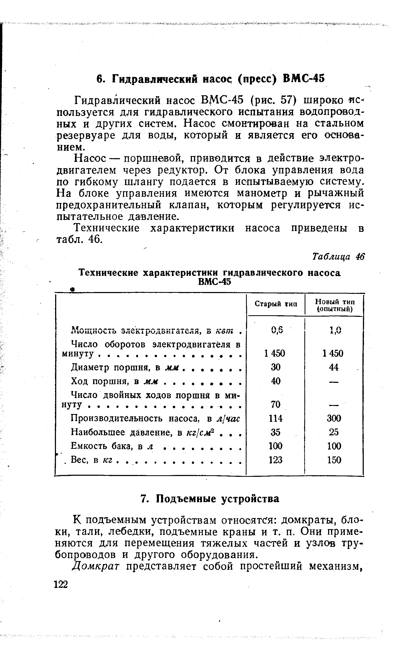 Гидравлический насос ВМС-45 (рис. 57) широко с пользуется для гидравлического испытания водопроводных и других систем. Насос смонтирован на стальном резервуаре для воды, который и является его основв-нием.
