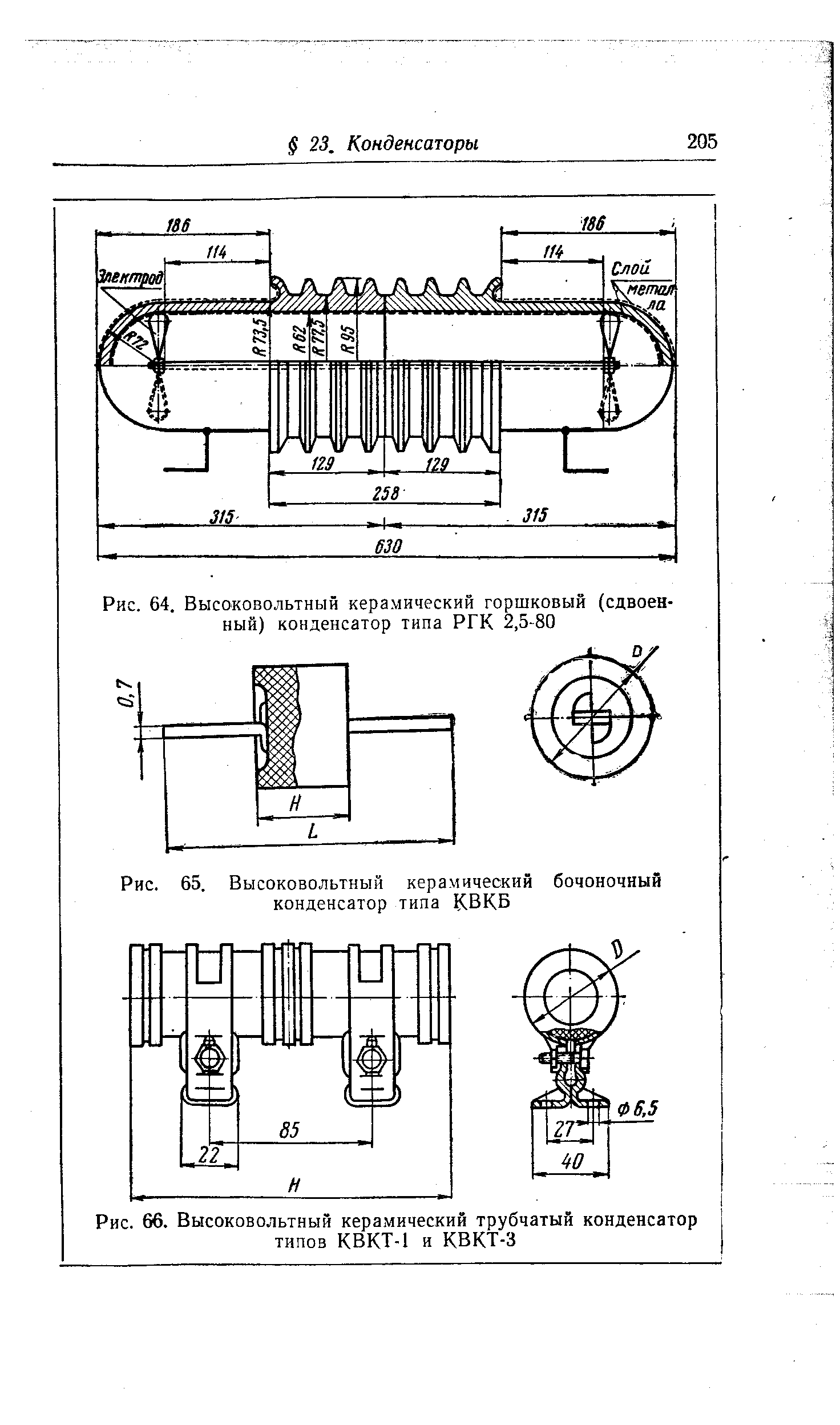 Рис. 64. Высоковольтный керамический горшковый (сдвоенный) конденсатор типа РГК 2,5-80
