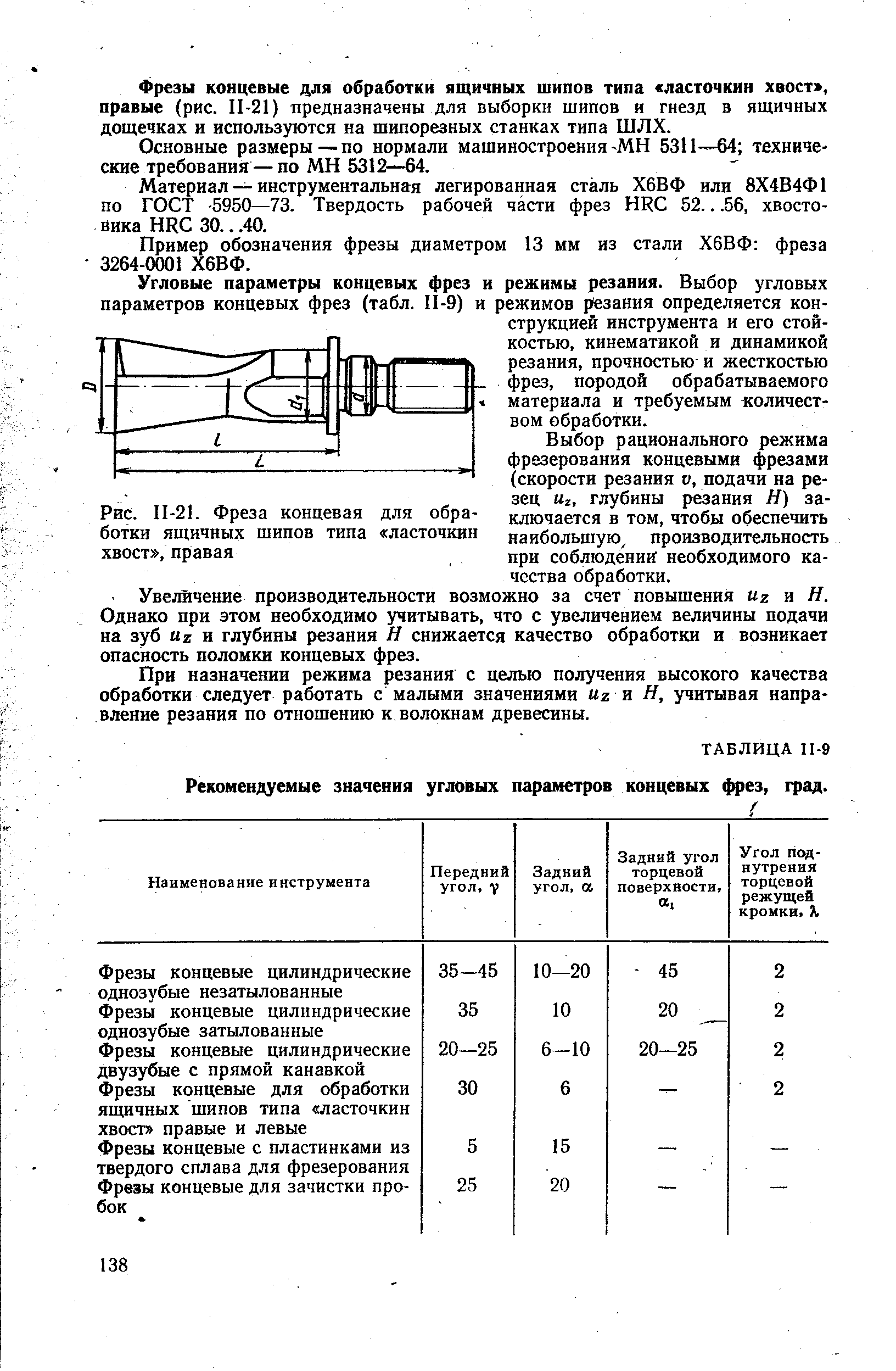 Рис. П-21. <a href="/info/82876">Фреза концевая</a> для обработки ящичных шипов типа <a href="/info/358412">ласточкин хвост</a> , правая
