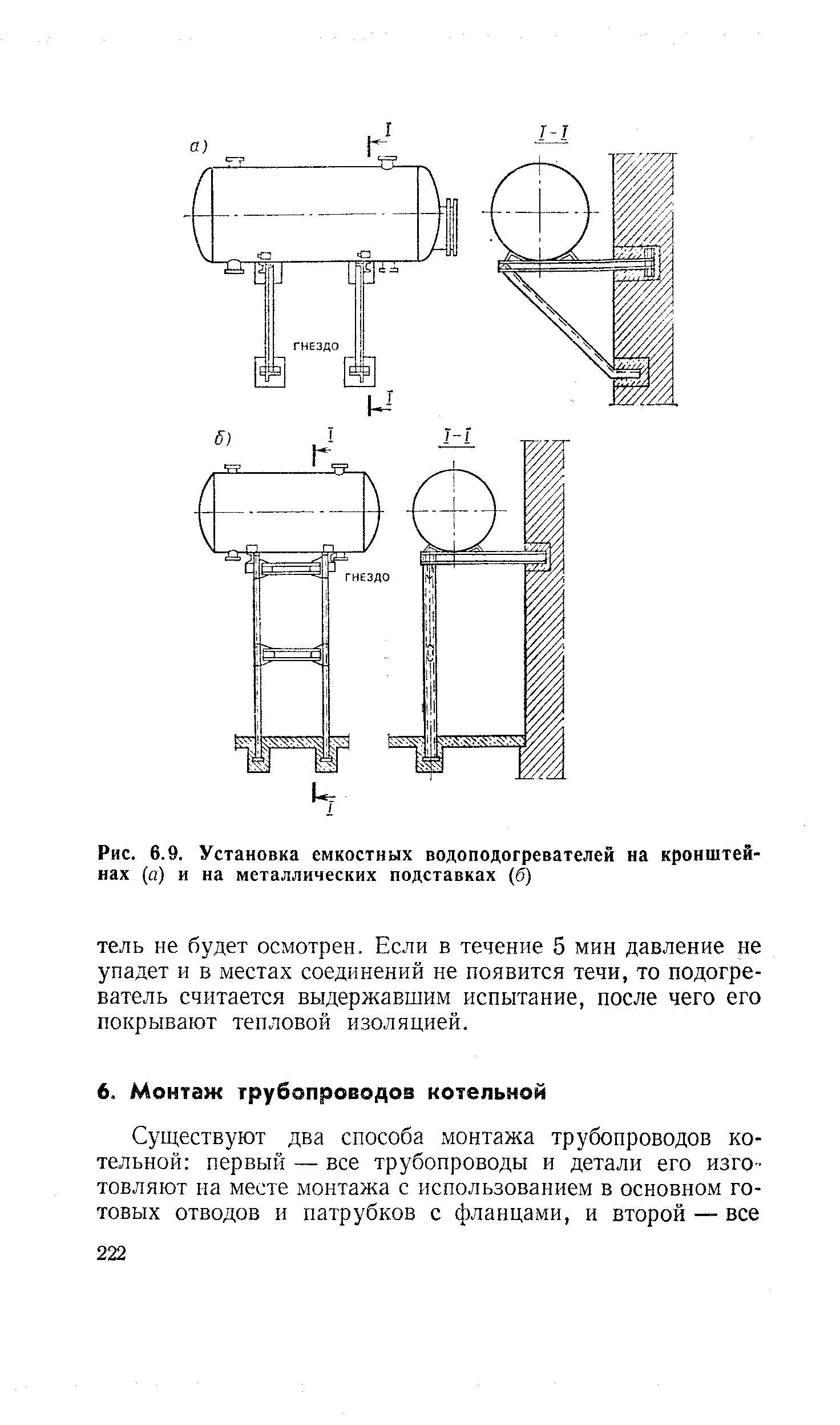 Рис. 6.9. Установка емкостных водоподогревателей на кронштейнах (а) и на металлических подставках (б)
