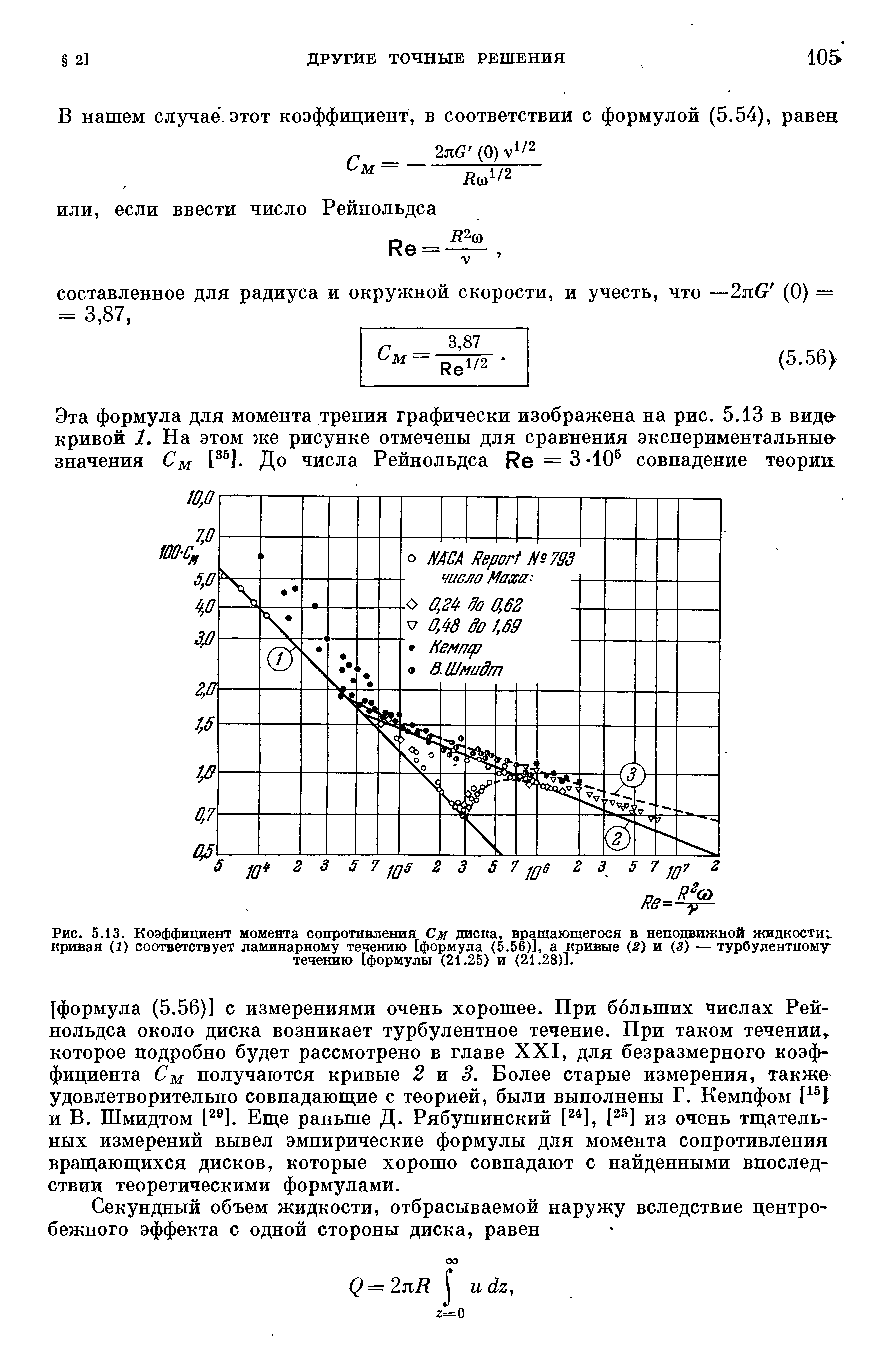 Рис. 5.13. <a href="/info/29380">Коэффициент момента</a> сопротивления См диска, вращающегося в неподвижной <a href="/info/365710">жидкости кривая</a> (1) соответствует <a href="/info/639">ламинарному течению</a> [формула (5.56)], а кривые (-2) и (5) — турбулентному 

