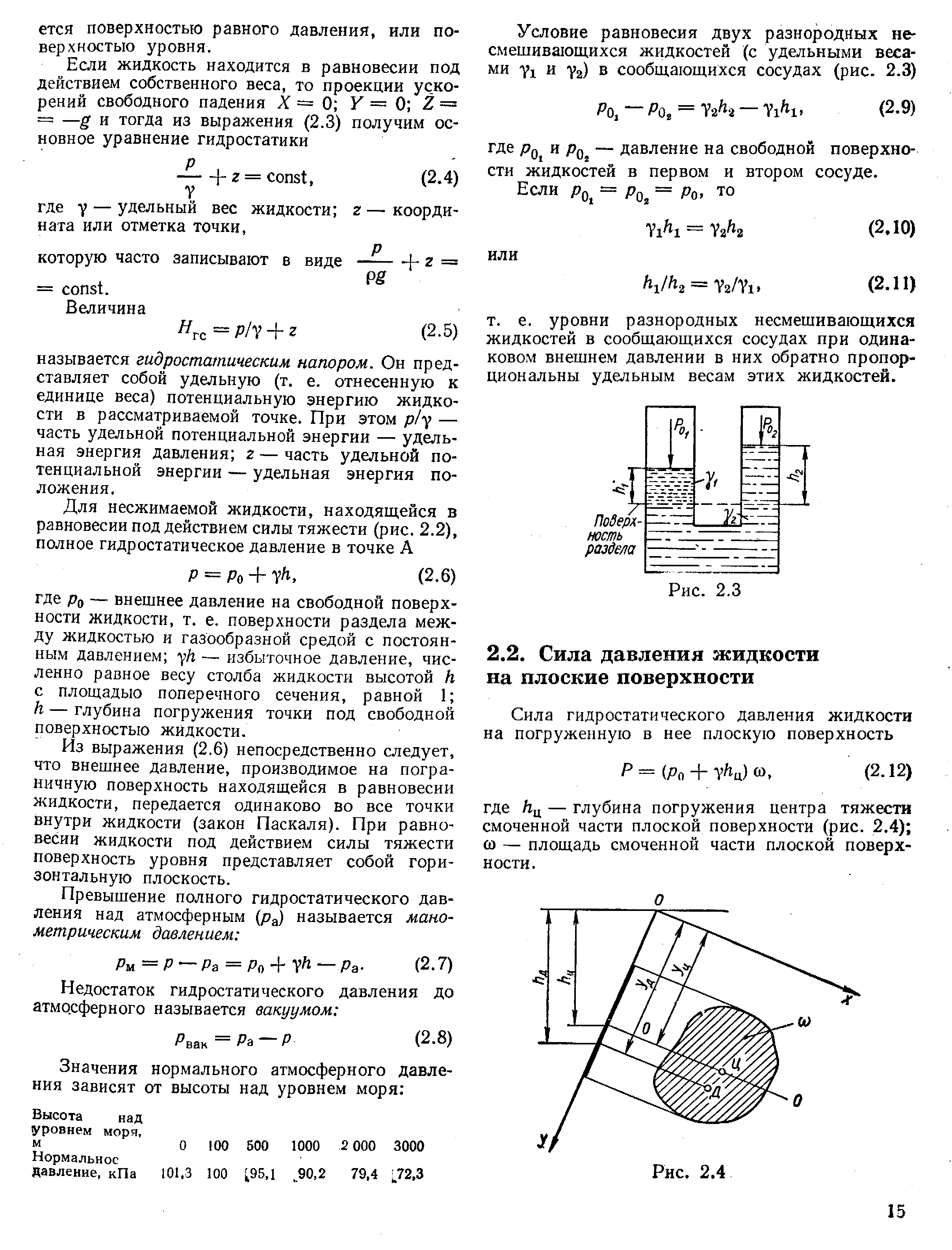 Из выражения (2.6) непосредственно следует, что внешнее давление, производимое на пограничную поверхность находящейся в равновесии Жидкости, передается одинаково во все точки внутри жидкости (закон Паскаля). При равновесии жидкости под действием силы тяжести поверхность уровня представляет собой горизонтальную плоскость.
